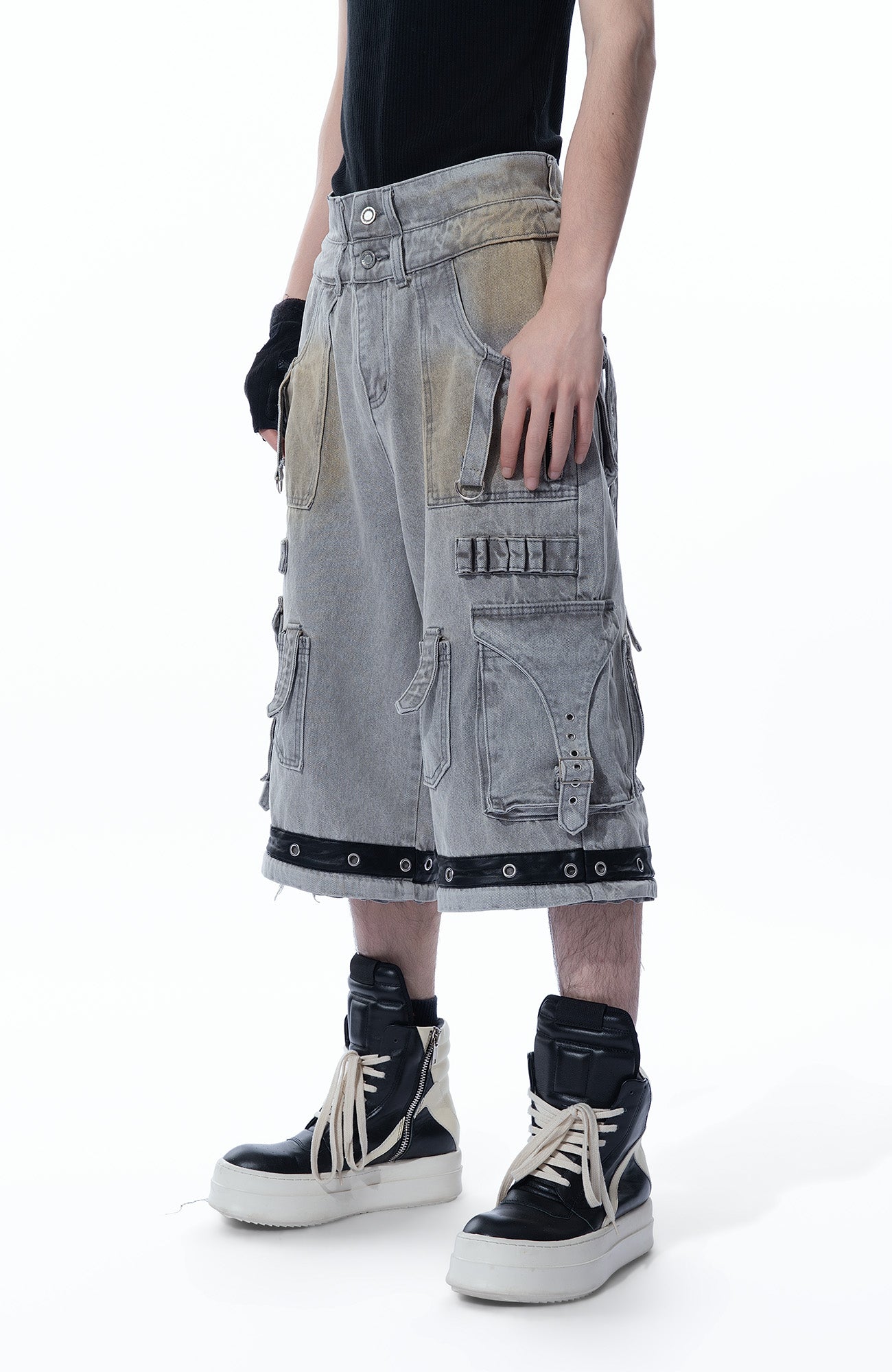 MOGONGSHE Detachable Bleach Washed Utility Cargo Jeans