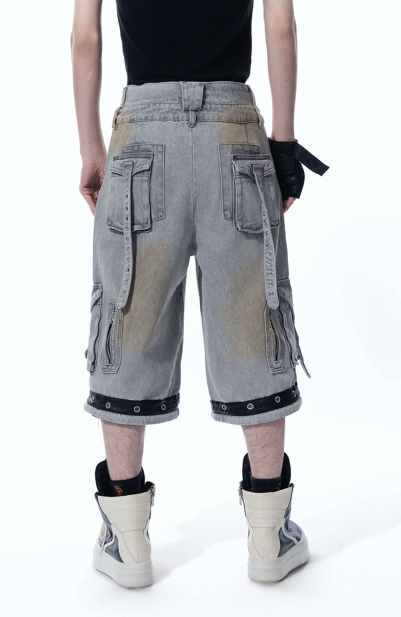 MOGONGSHE Detachable Bleach Washed Utility Cargo Jeans