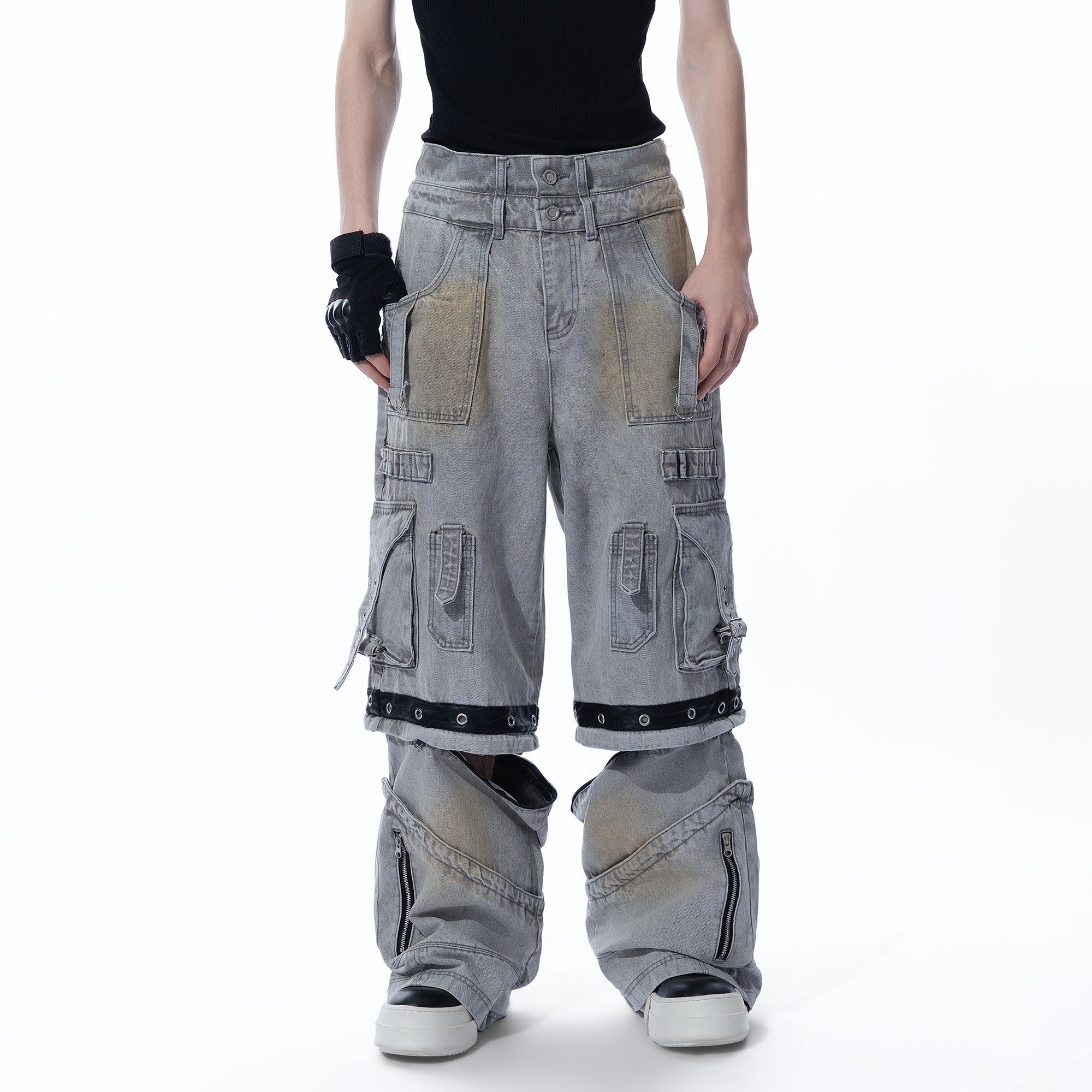 MOGONGSHE Detachable Bleach Washed Utility Cargo Jeans