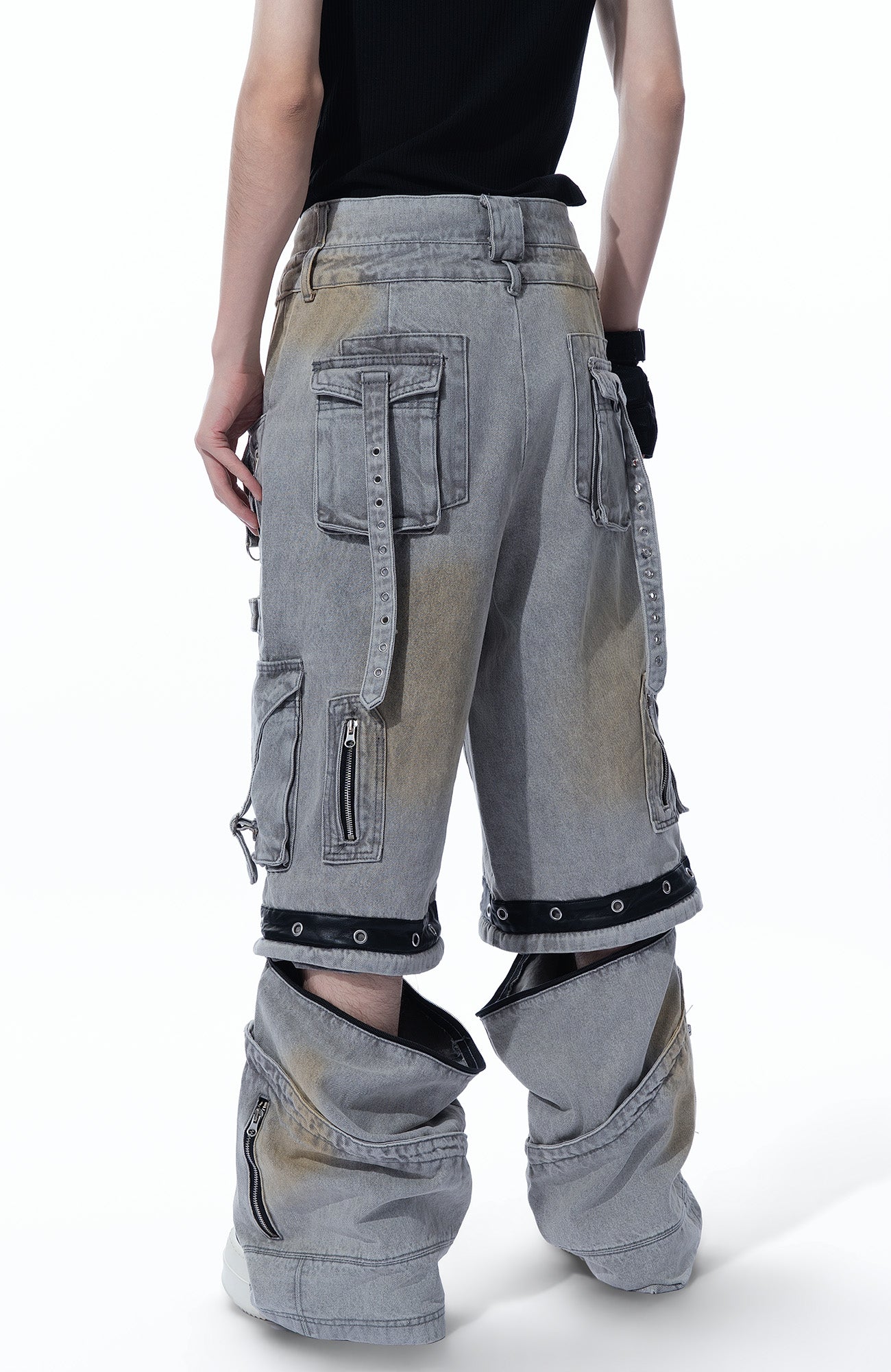 MOGONGSHE Detachable Bleach Washed Utility Cargo Jeans