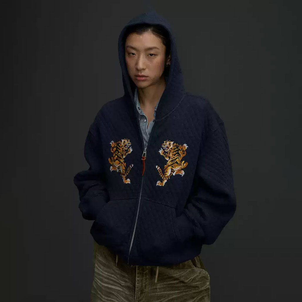 NIANJIUYIKOUER Tiger Embroidered Quilted Zip-Up Hoodie, premium urban and streetwear designers apparel on PROJECTISR.com, NIANJIUYIKOUER