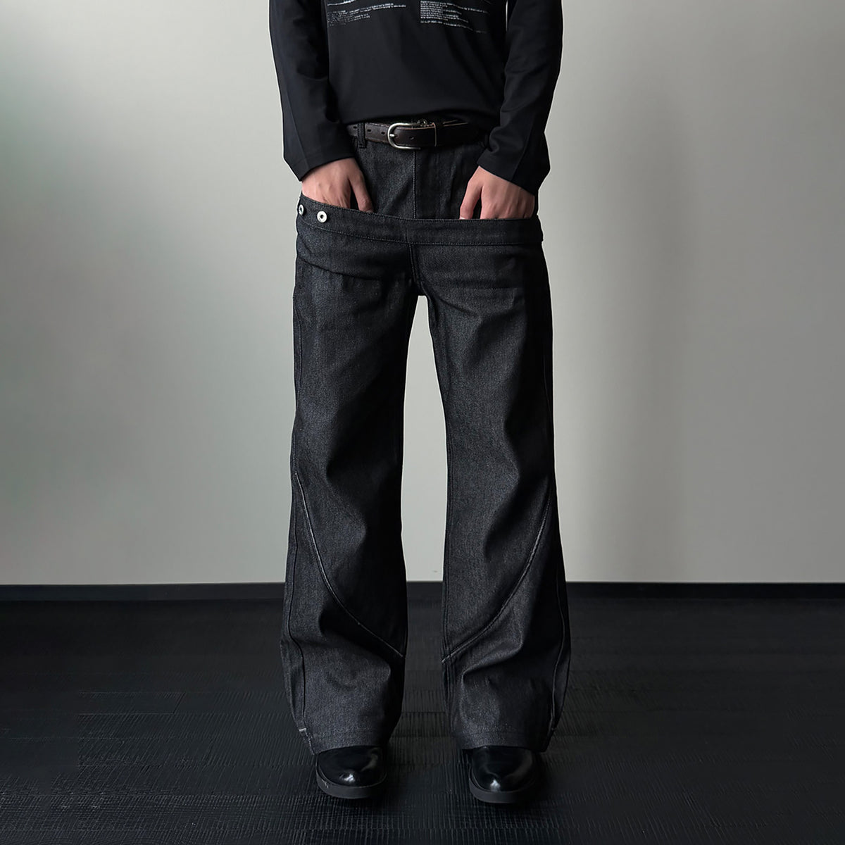 KREATE Double-Waistband Raw Denim Straight-Leg Jeans
