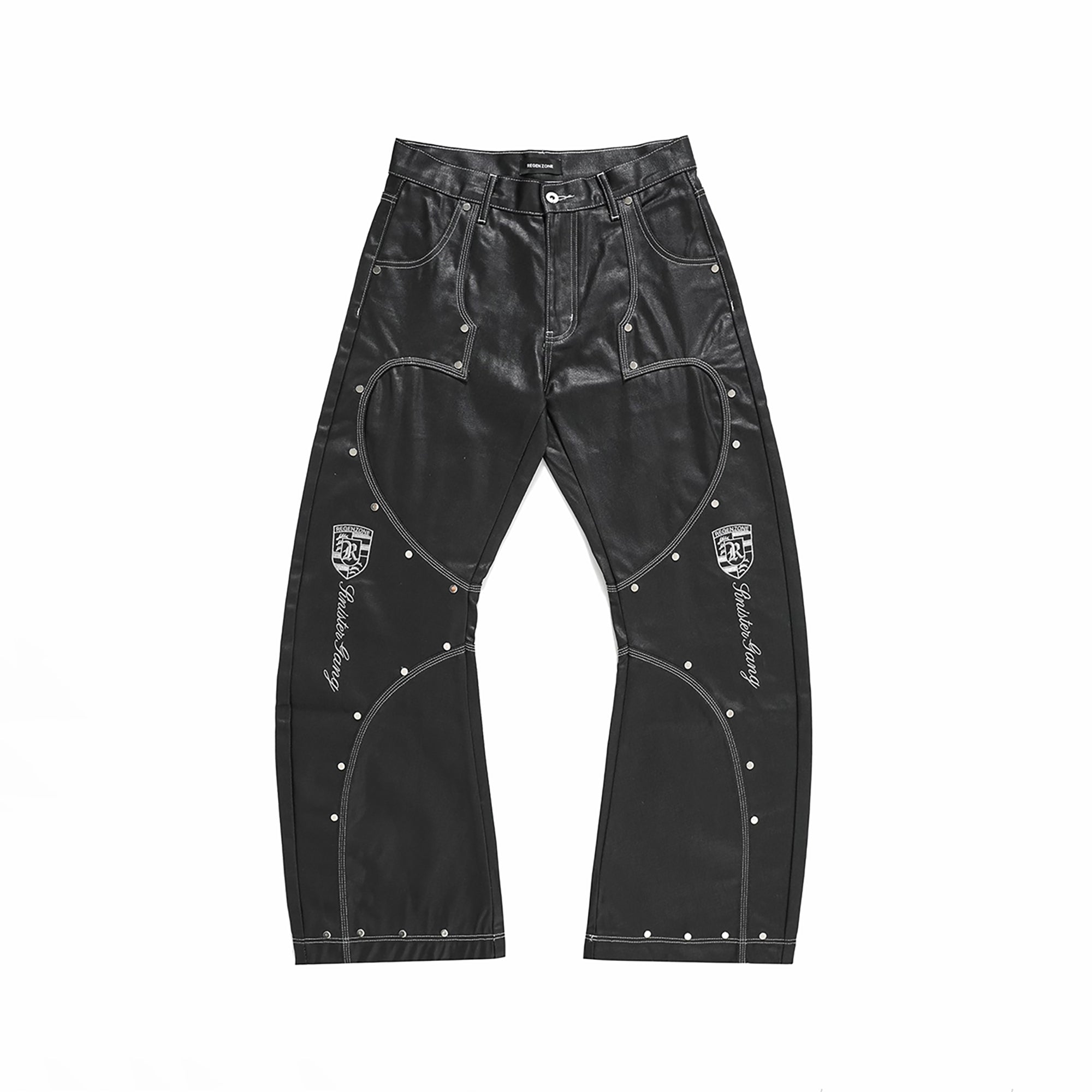 REGEN ZONE Racing Embroidered Studded Deconstructed Curved Jeans