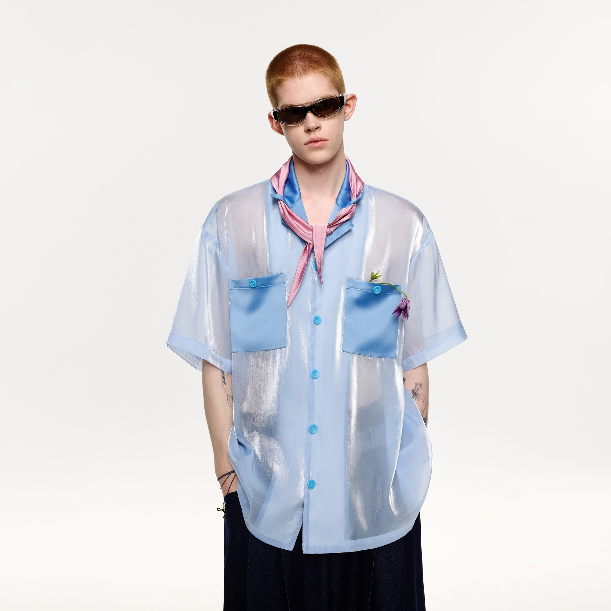TIWILLTANG Contrast Tie-Neck Sheer Half Shirt
