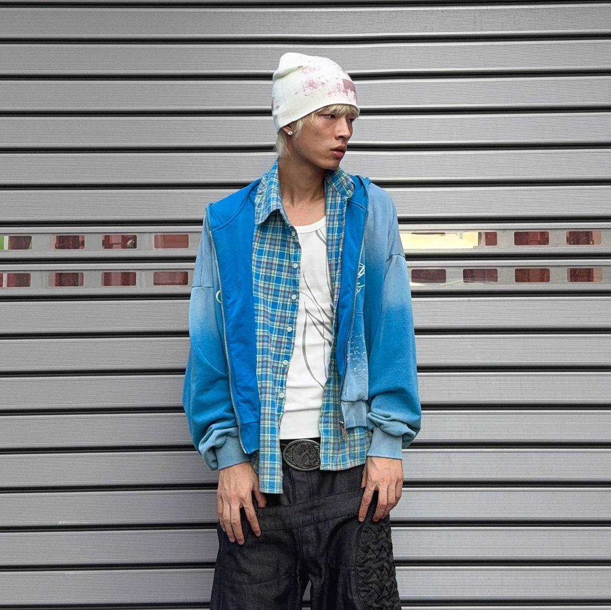 KLICK CLAK Washed Plaid-Spliced Zip-Up Hoodie