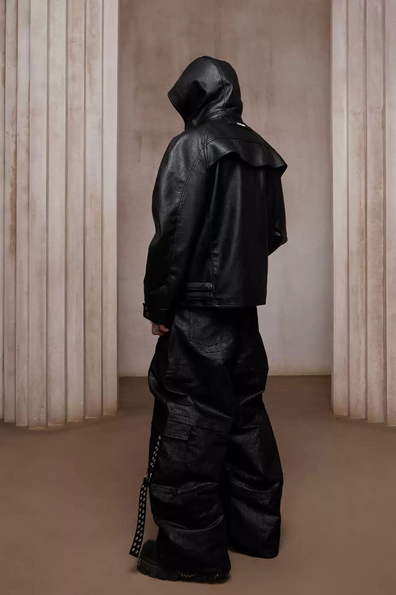 DND4DES Retro Buckle Faux Leather Hooded Jacket