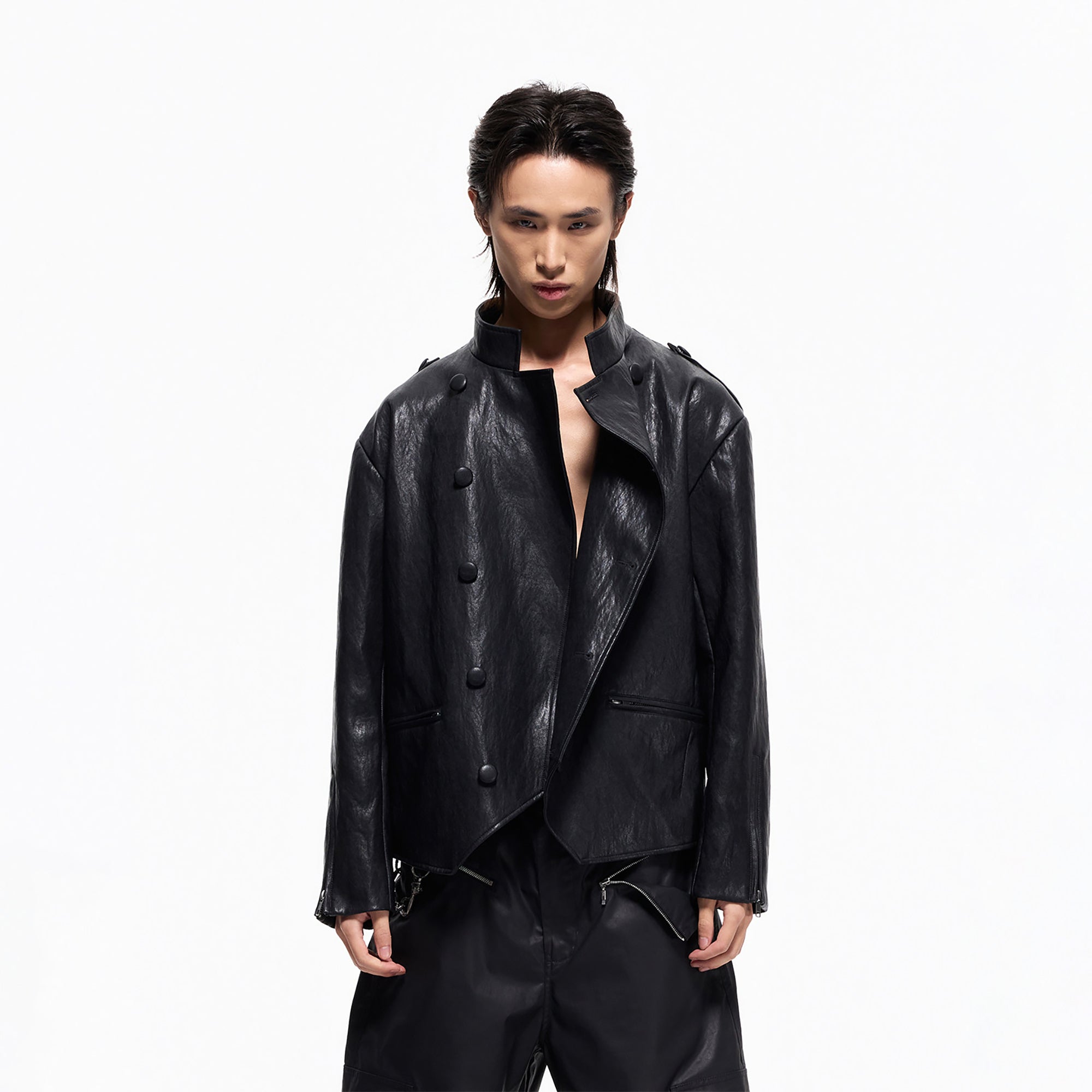 2000RSK Napoleon-Button Faux Leather Knight Jacket