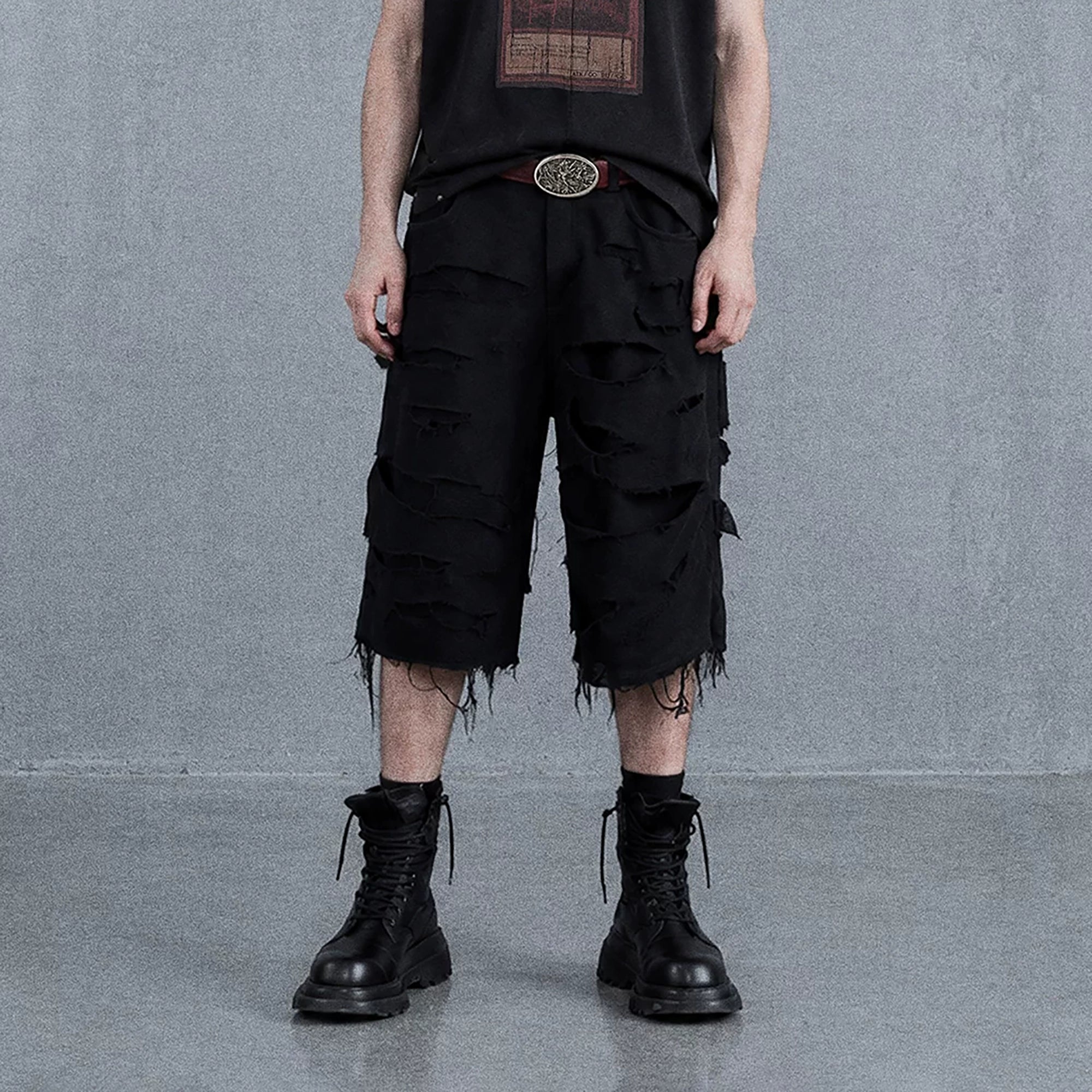 UNDERWATER Distressed Raw Edge Denim Shorts