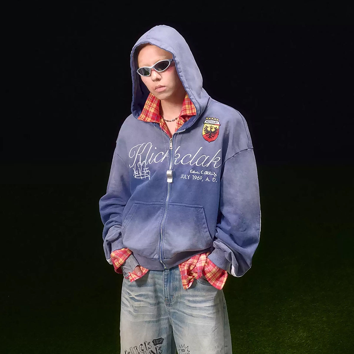 KLICK CLAK Washed Embroidered Zip-Up Hoodie