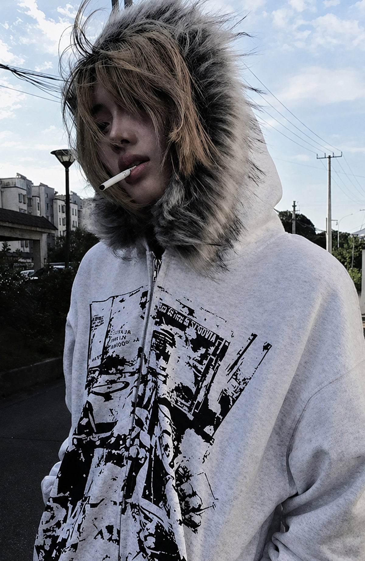 PAIKI Retro Band Graphic Faux Fur Collar Zip-Up Hoodie