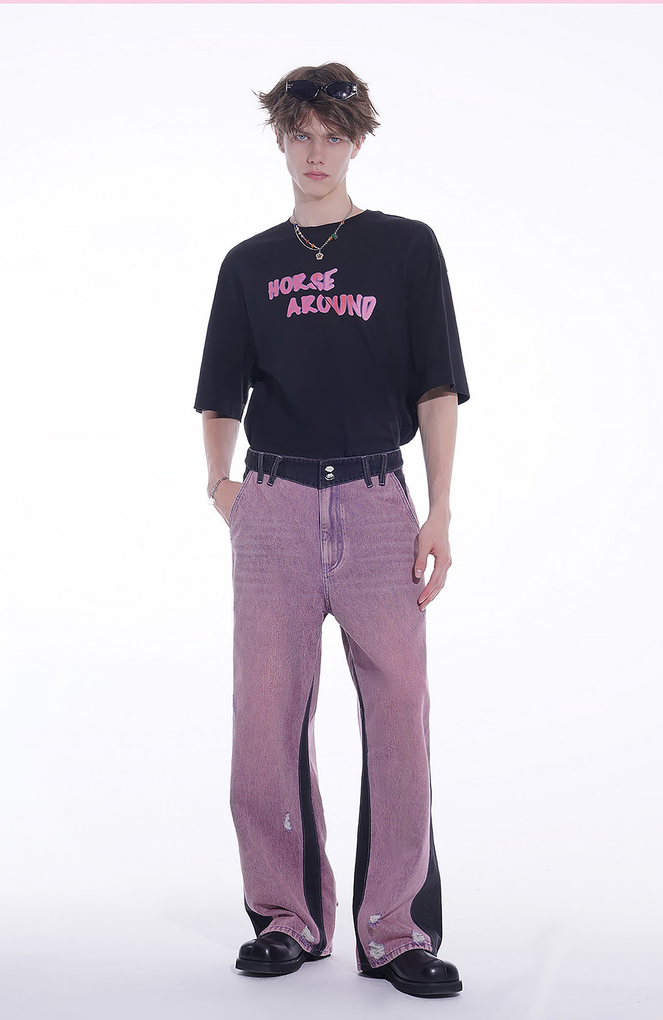 TIWILLTANG Distressed Contrast Paneled Wide-Leg Jeans, premium urban and streetwear designers apparel on PROJECTISR.com, TIWILLTANG