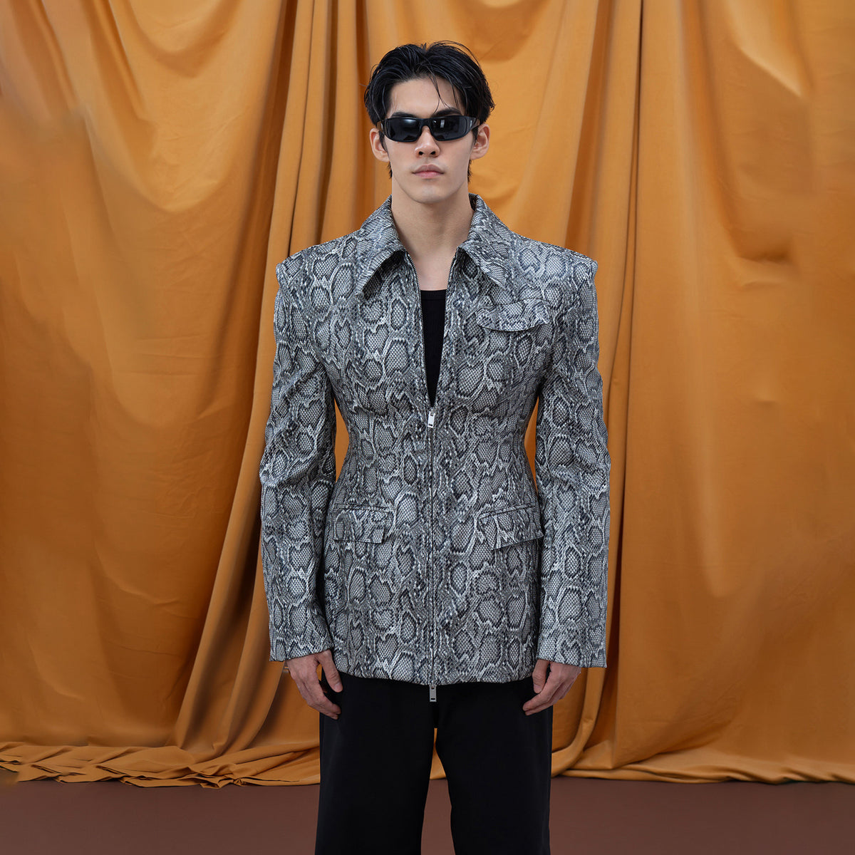 CLP Snake-Print Faux Leather Padded-Shoulder Blazer Jacket, premium urban and streetwear designers apparel on PROJECTISR.com, CLP