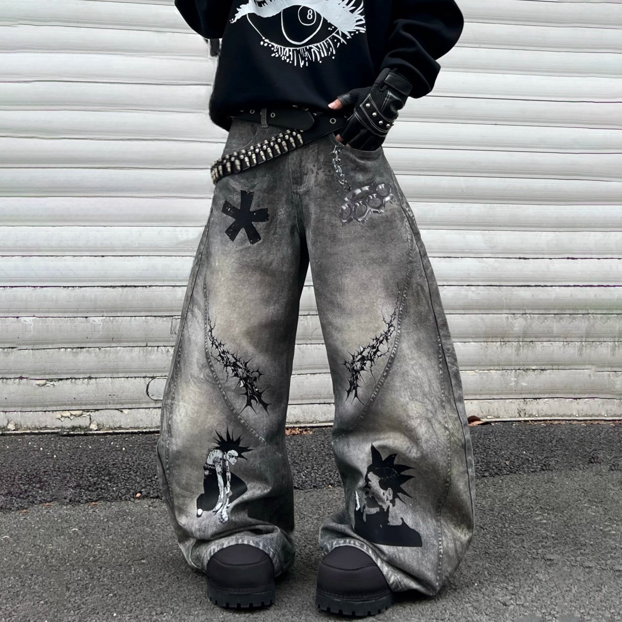 YIZILINGF Dirty-Dye Full-Print Curved Baggy Jeans