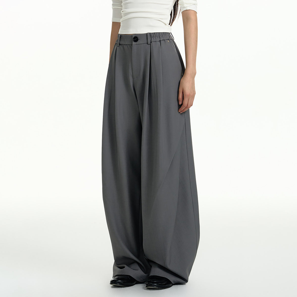 TGNS Elastic Waistband Pleated Wide-Leg Trousers