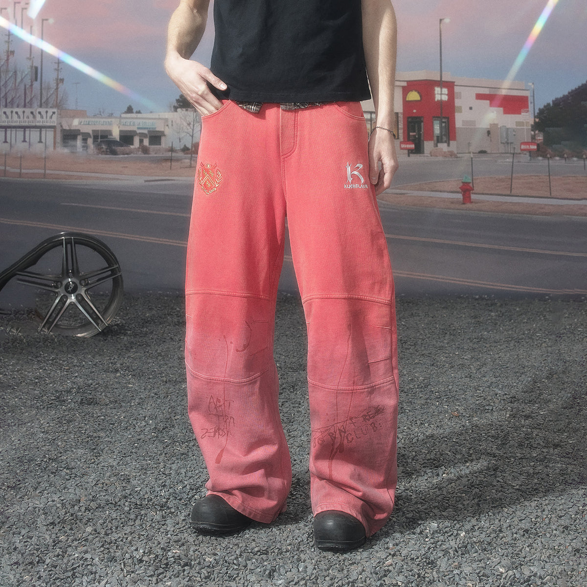 KLICK CLAK Paint-Splattered Graphic Curved Sweatpants