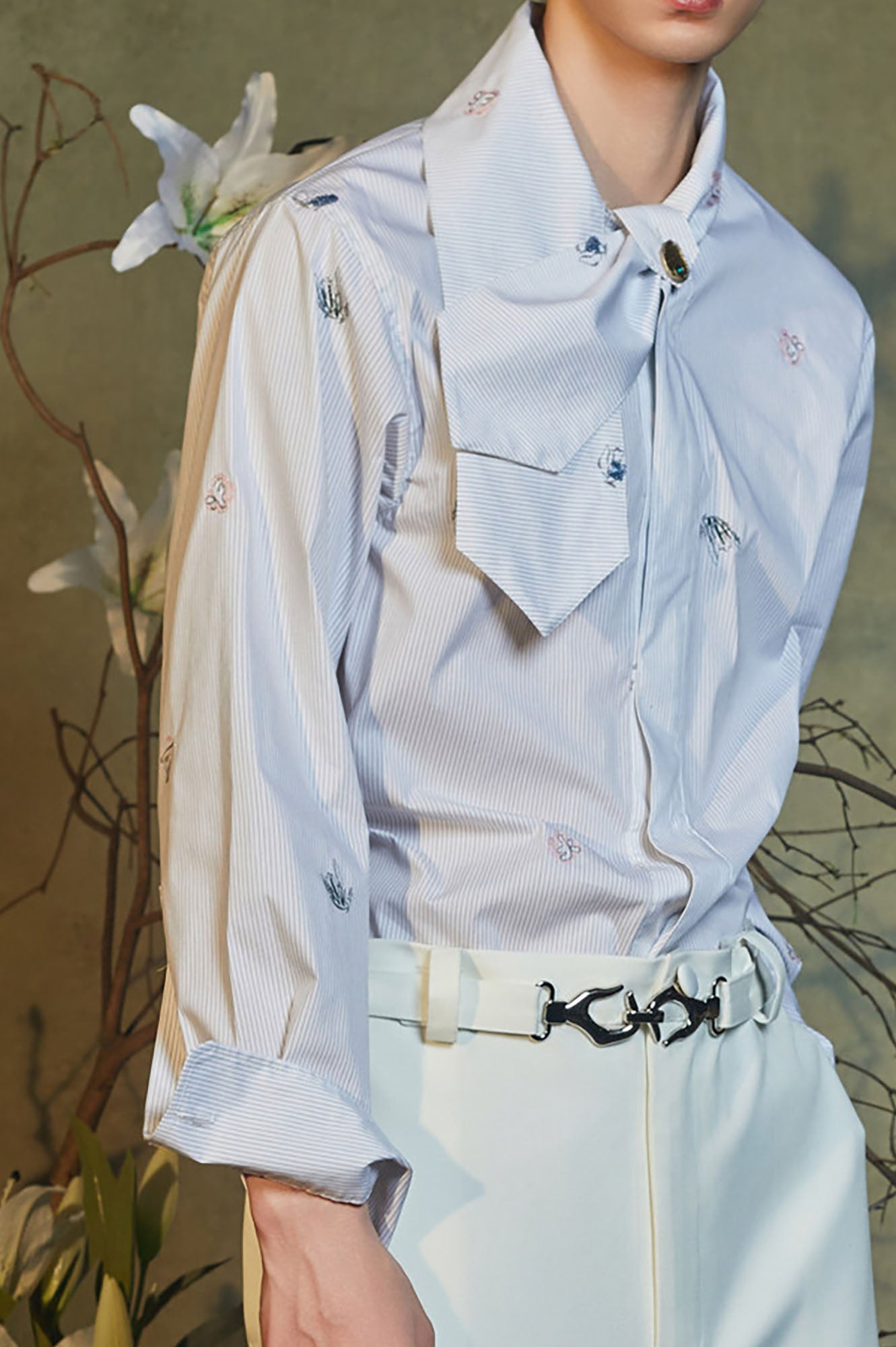 JIECHI Embroidered Striped Scarf-Collar Shirt, premium urban and streetwear designers apparel on PROJECTISR.com, JIECHI