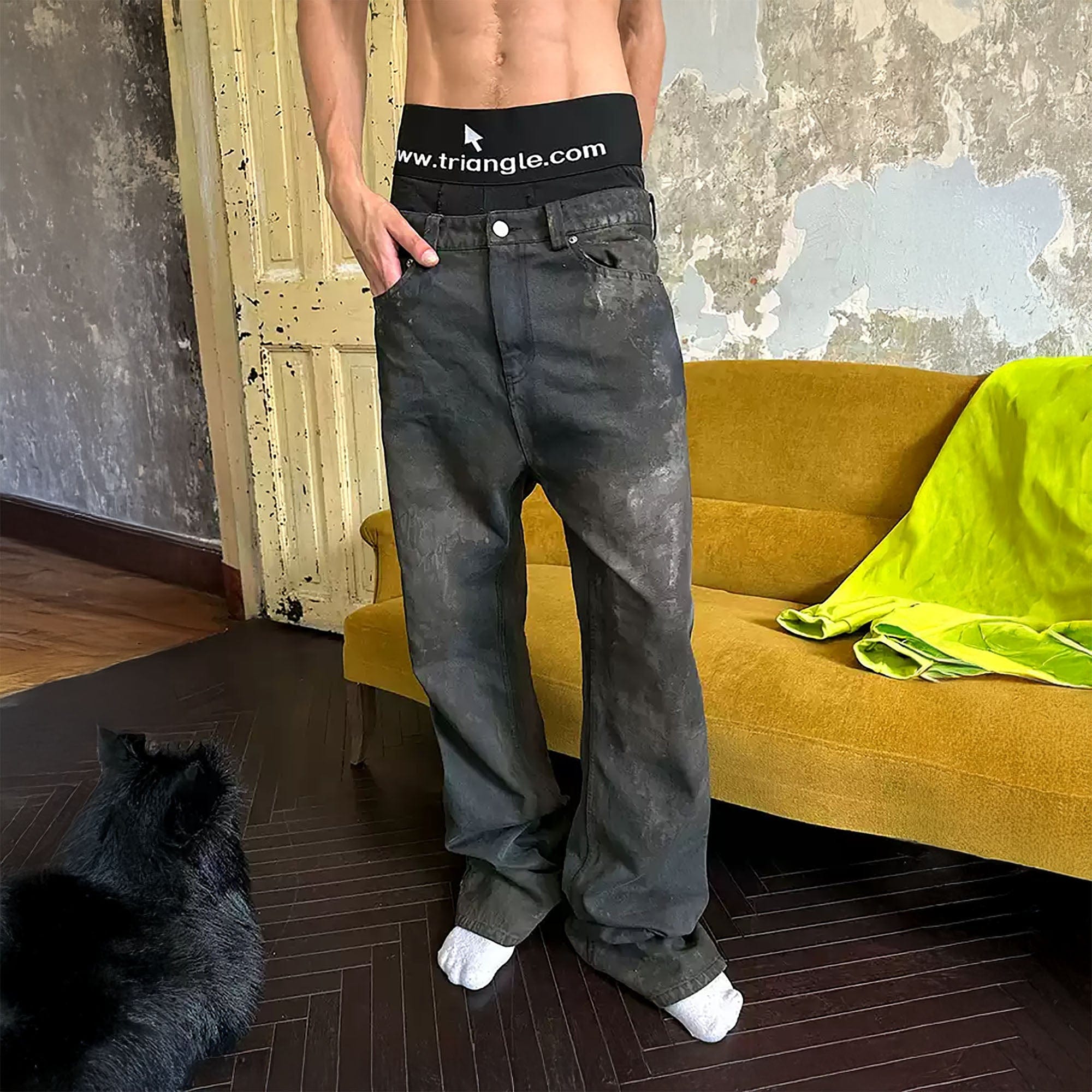 TRIANGLE PROJECT Dirty-Washed Paint-Splattered Straight-Leg Denim Pants, premium urban and streetwear designers apparel on PROJECTISR.com, TRIANGLE PROJECT