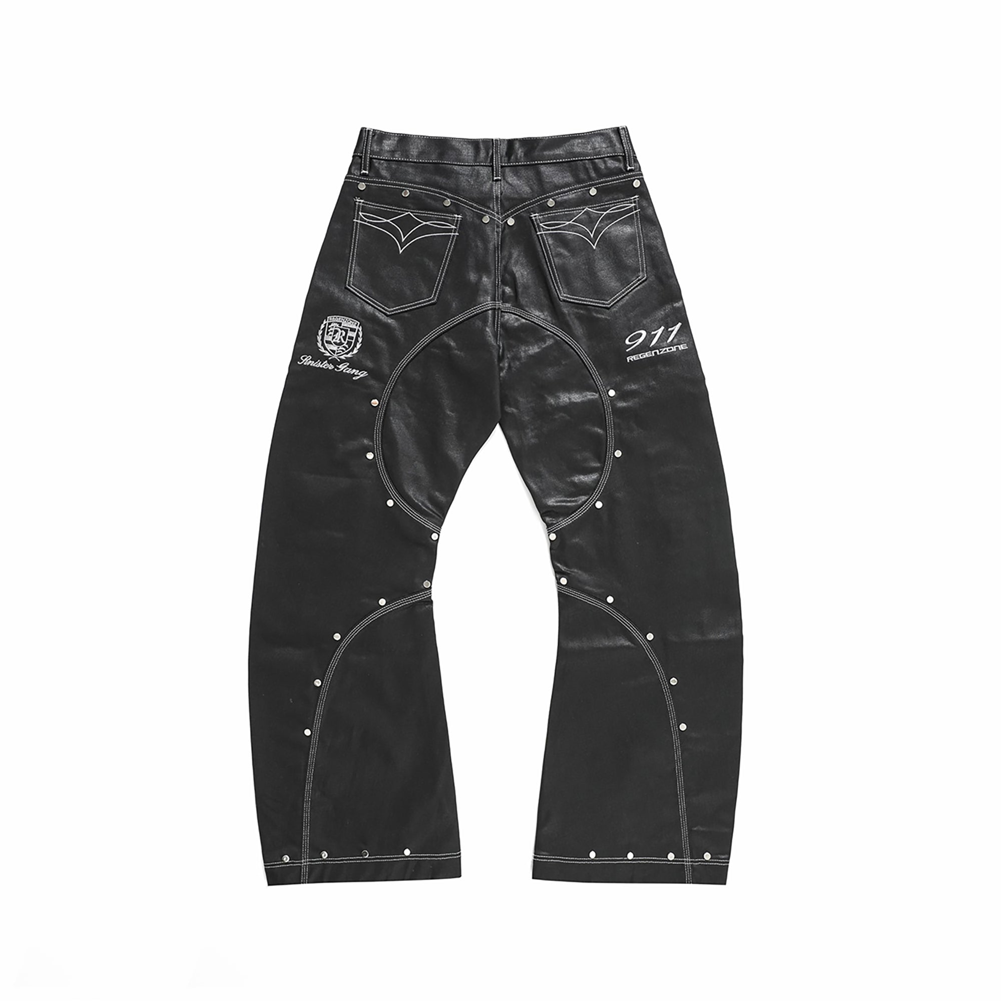 REGEN ZONE Racing Embroidered Studded Deconstructed Curved Jeans