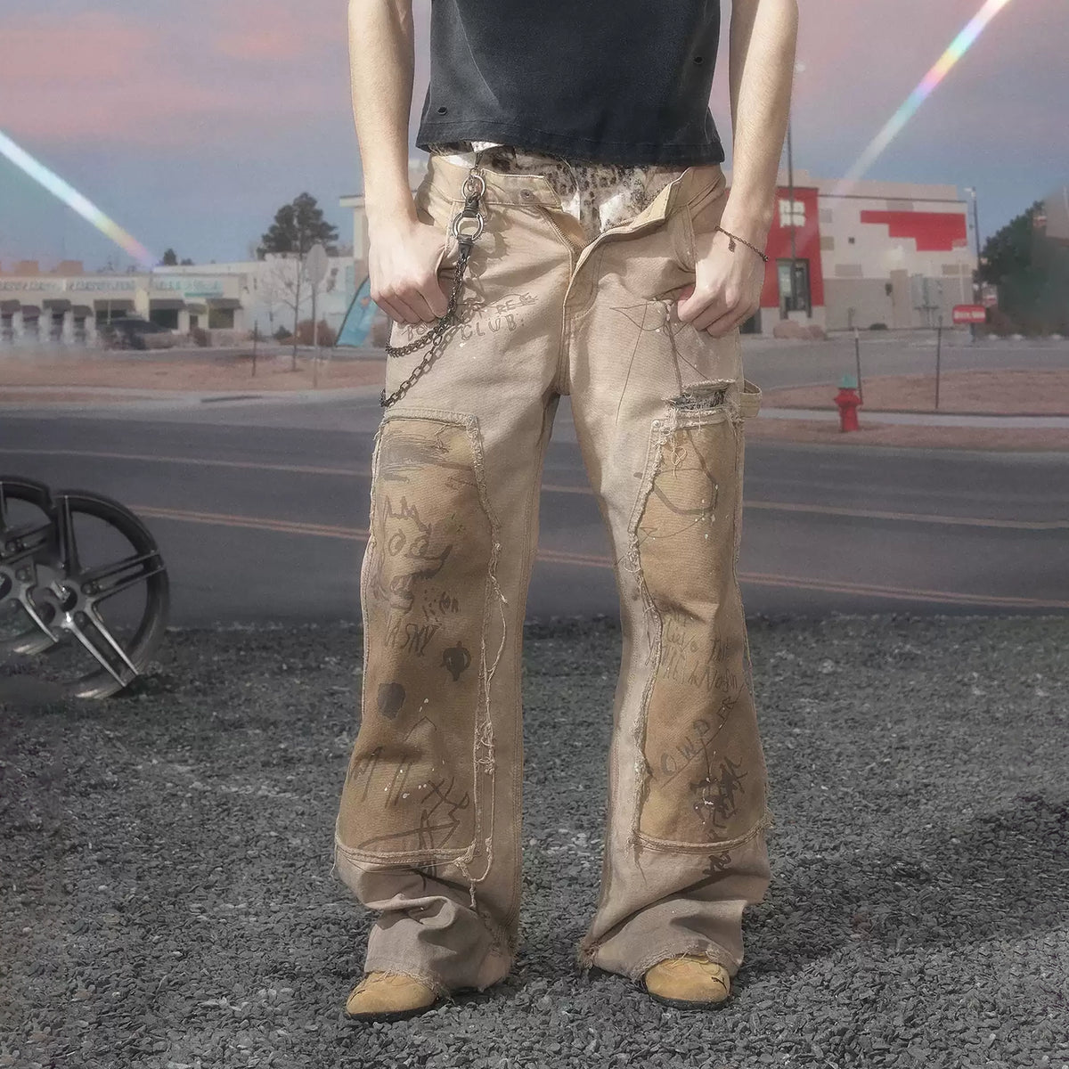KLICK CLAK Washed Distressed Graffiti Raw Wood Jeans