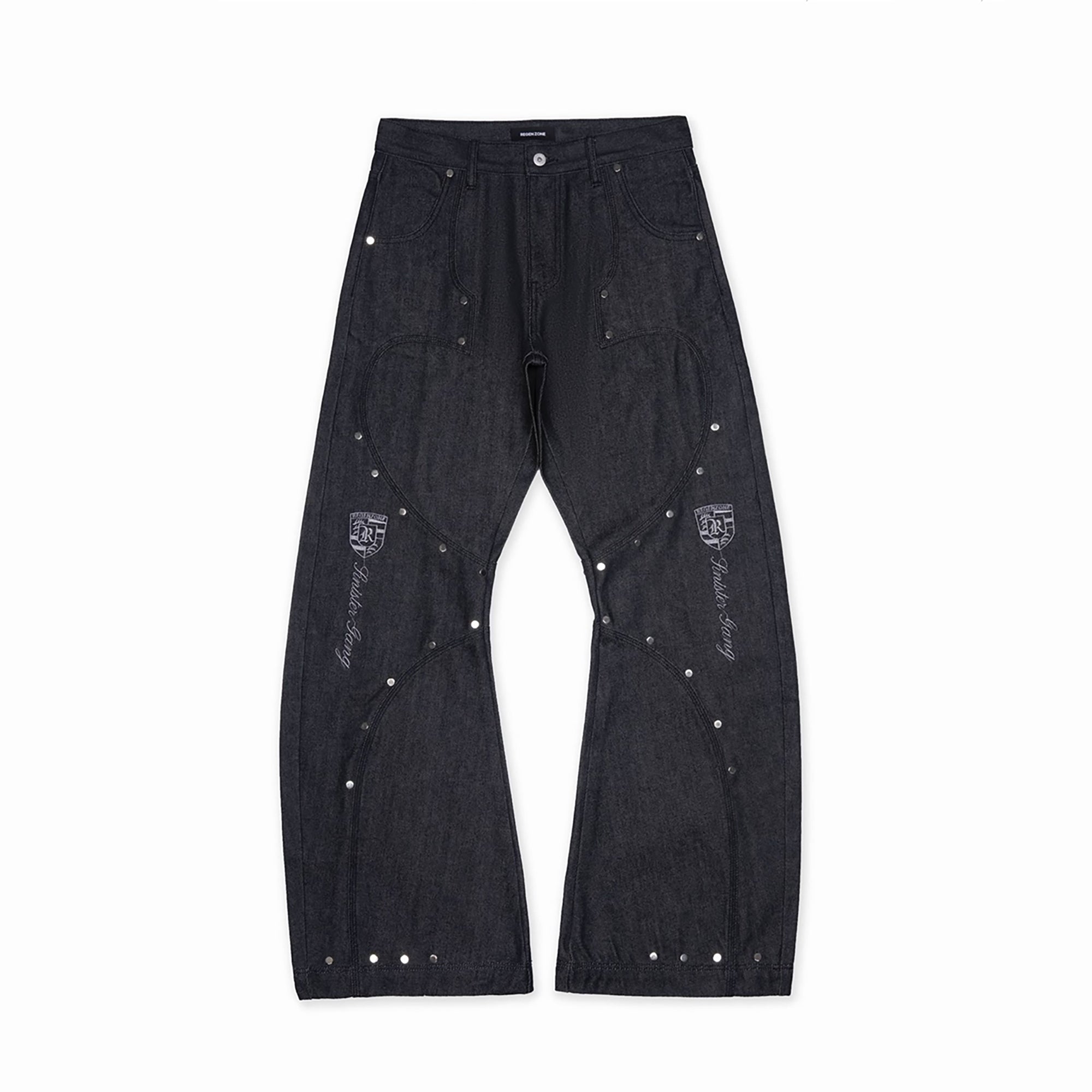 REGEN ZONE Racing Embroidered Studded Deconstructed Curved Jeans