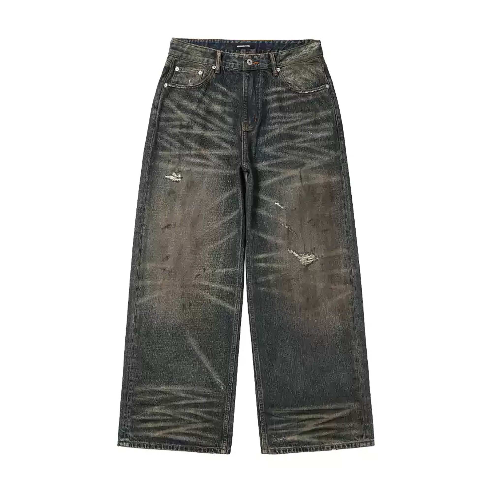 REGEN ZONE Distressed Whisker Baggy Wide-Leg Jeans