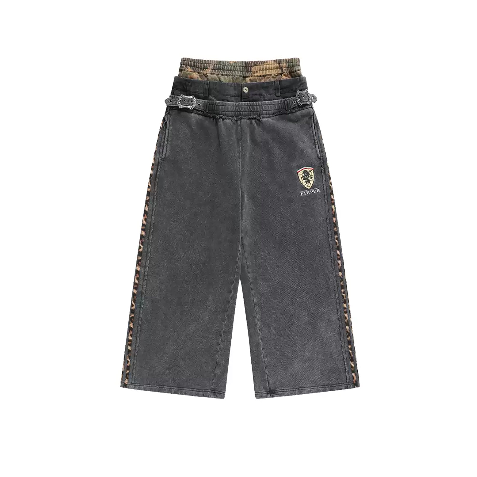 REGEN ZONE Spliced Leopard Camo Striped Sweatpants