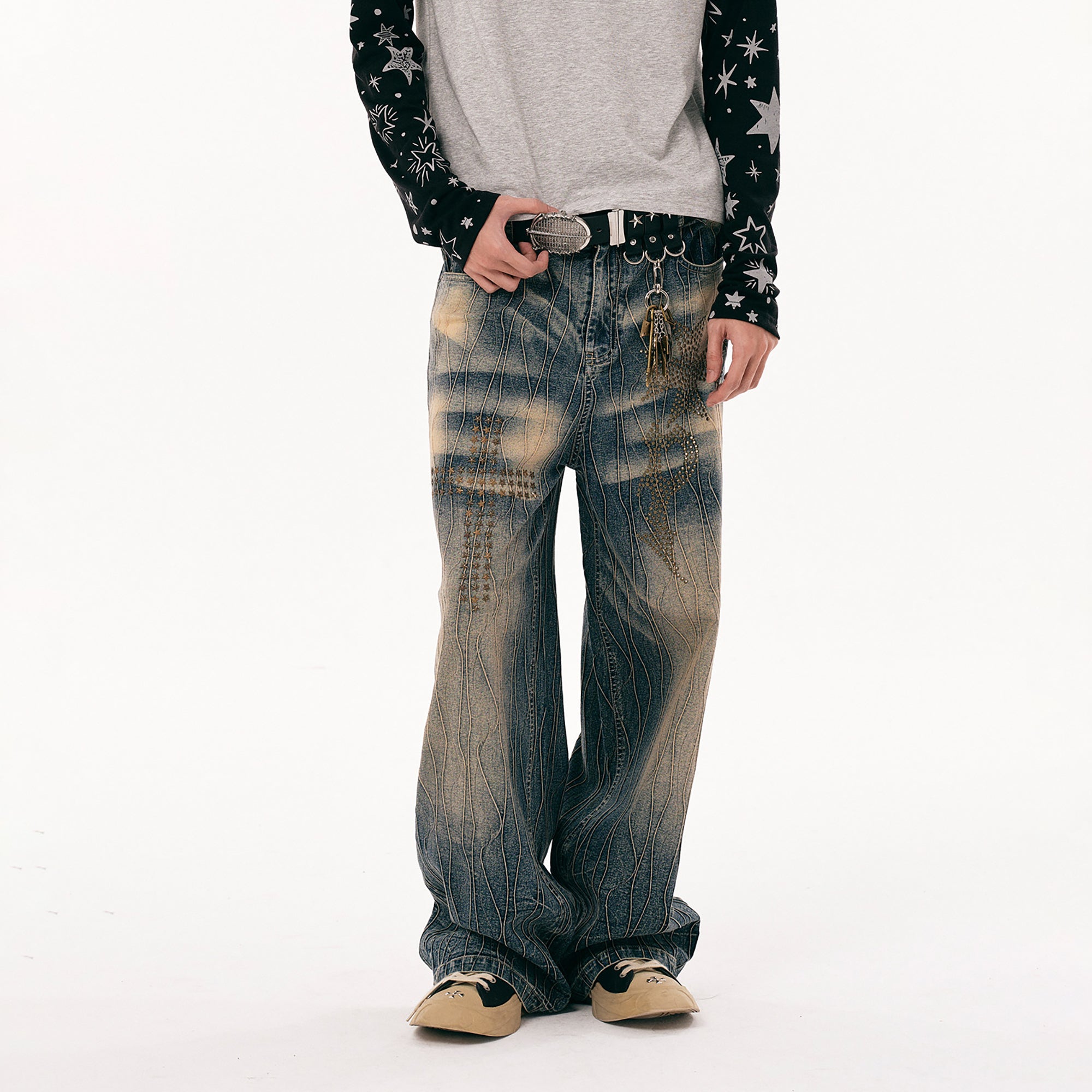 PASET Cross And Star Studded Wide-Leg Jeans