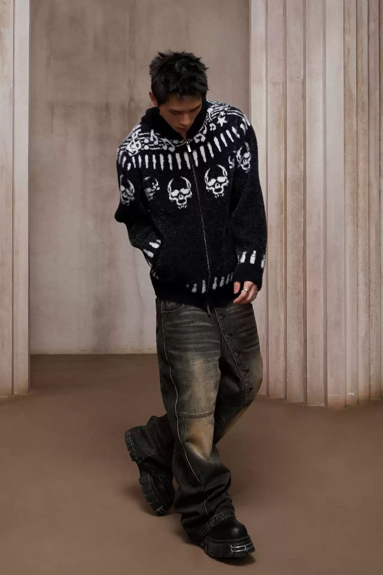 DND4DES Faux Mink Skull Jacquard Hooded Jacket