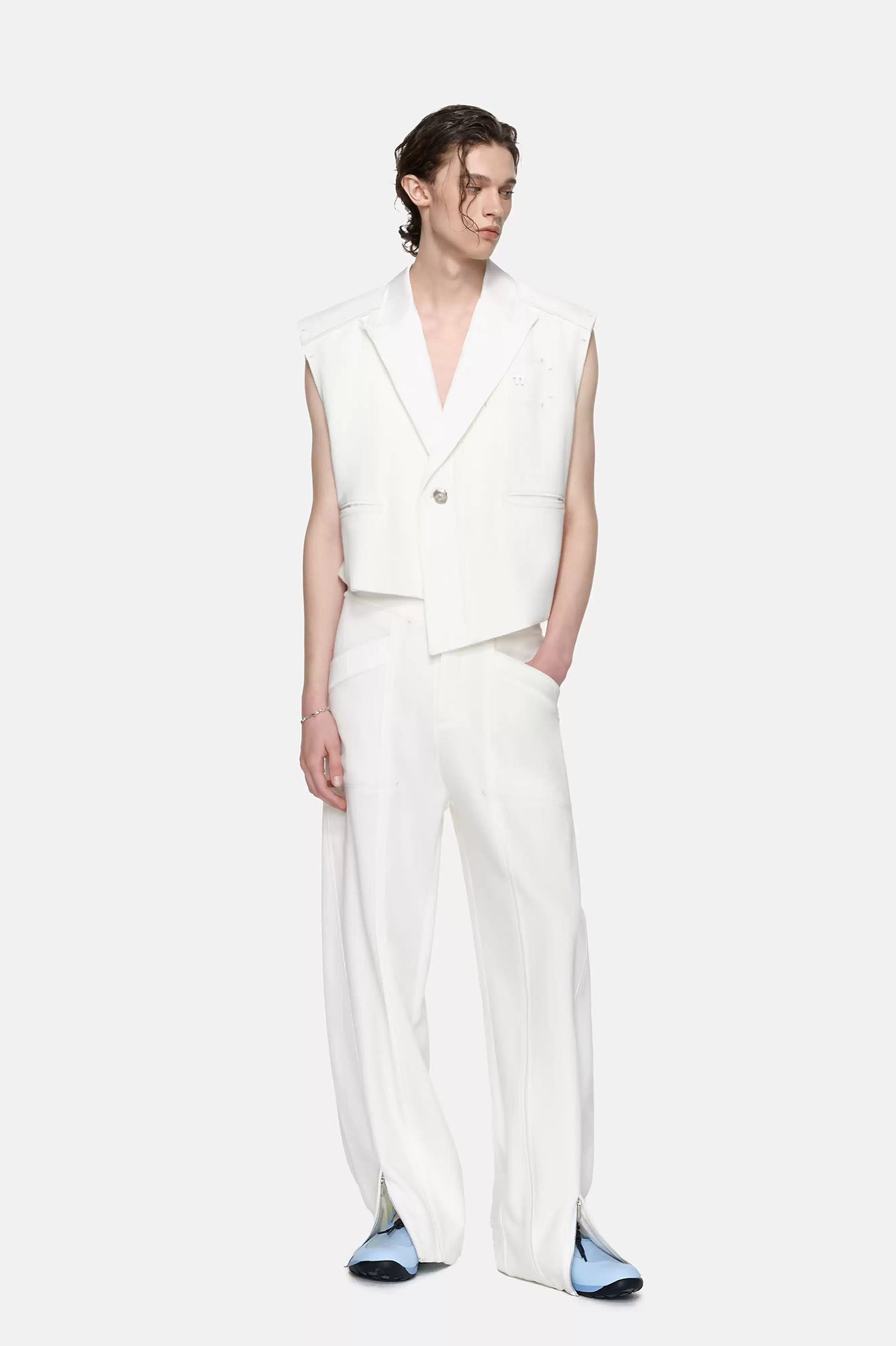 TIWILLTANG Asymmetrical Lapel Vest White, premium urban and streetwear designers apparel on PROJECTISR.com, TIWILLTANG