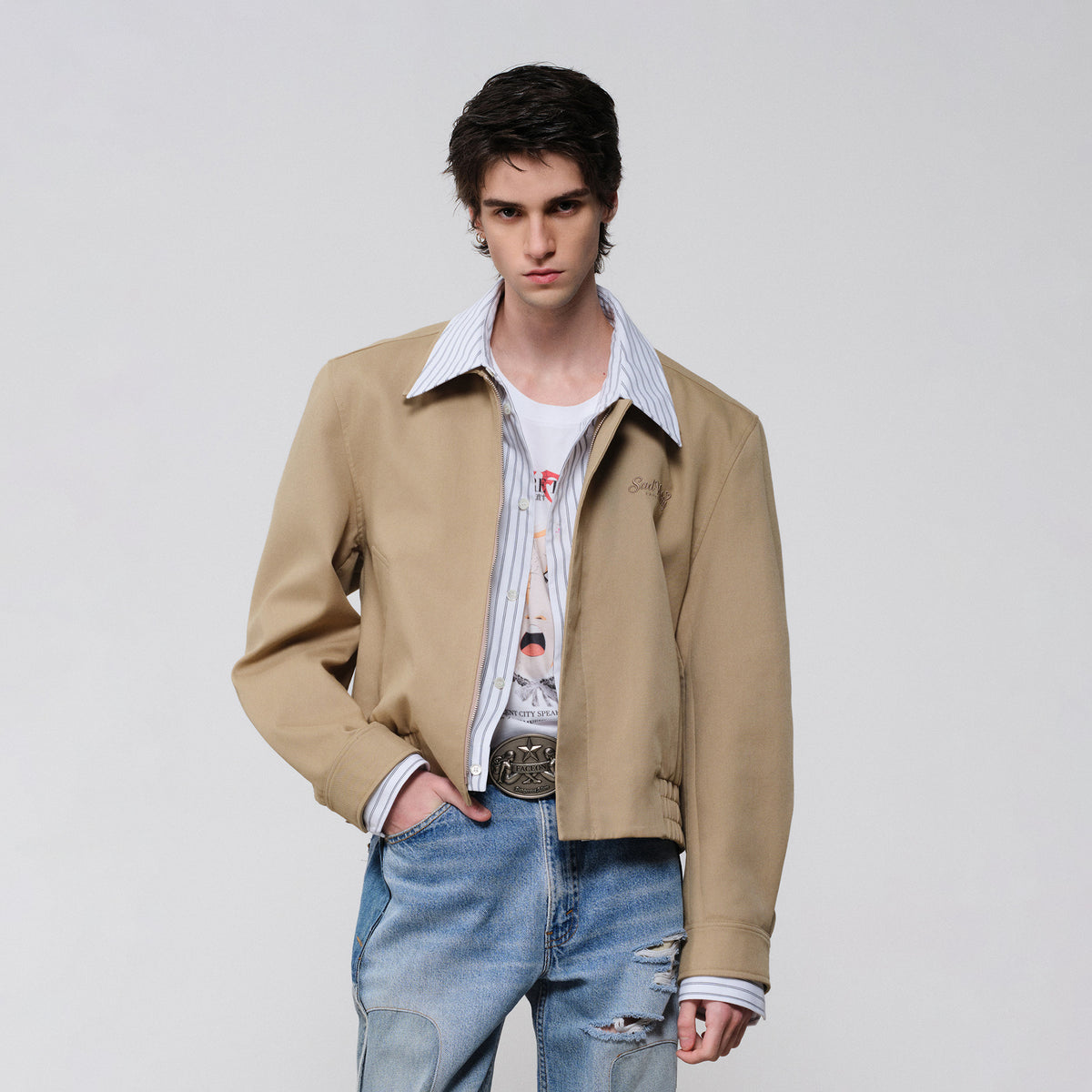 FACEONLAB Embroidered Spliced Shirt Jacket