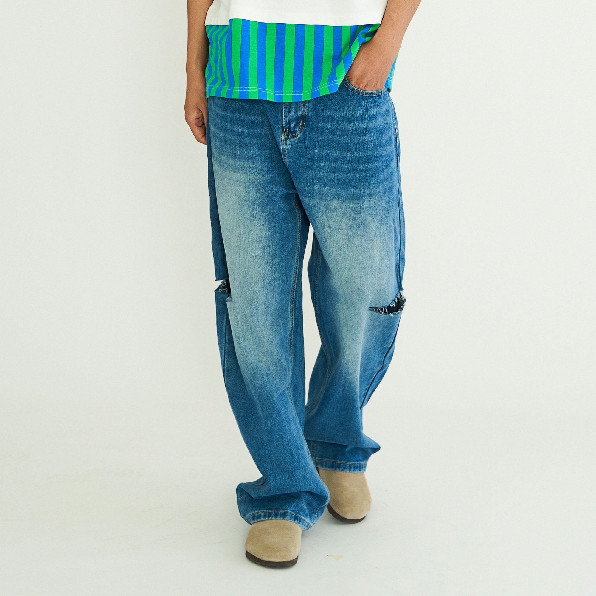 WIID Distressed Knee-Slit Straight-Leg Jeans, premium urban and streetwear designers apparel on PROJECTISR.com, WIID