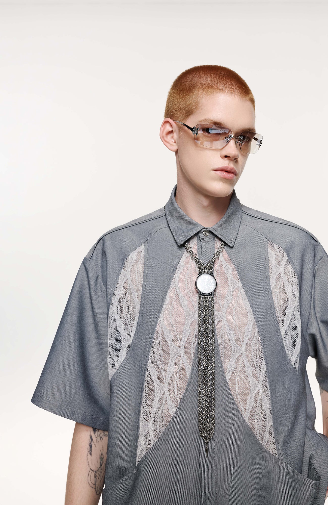 TIWILLTANG Leaf Lace Paneled Half Shirt