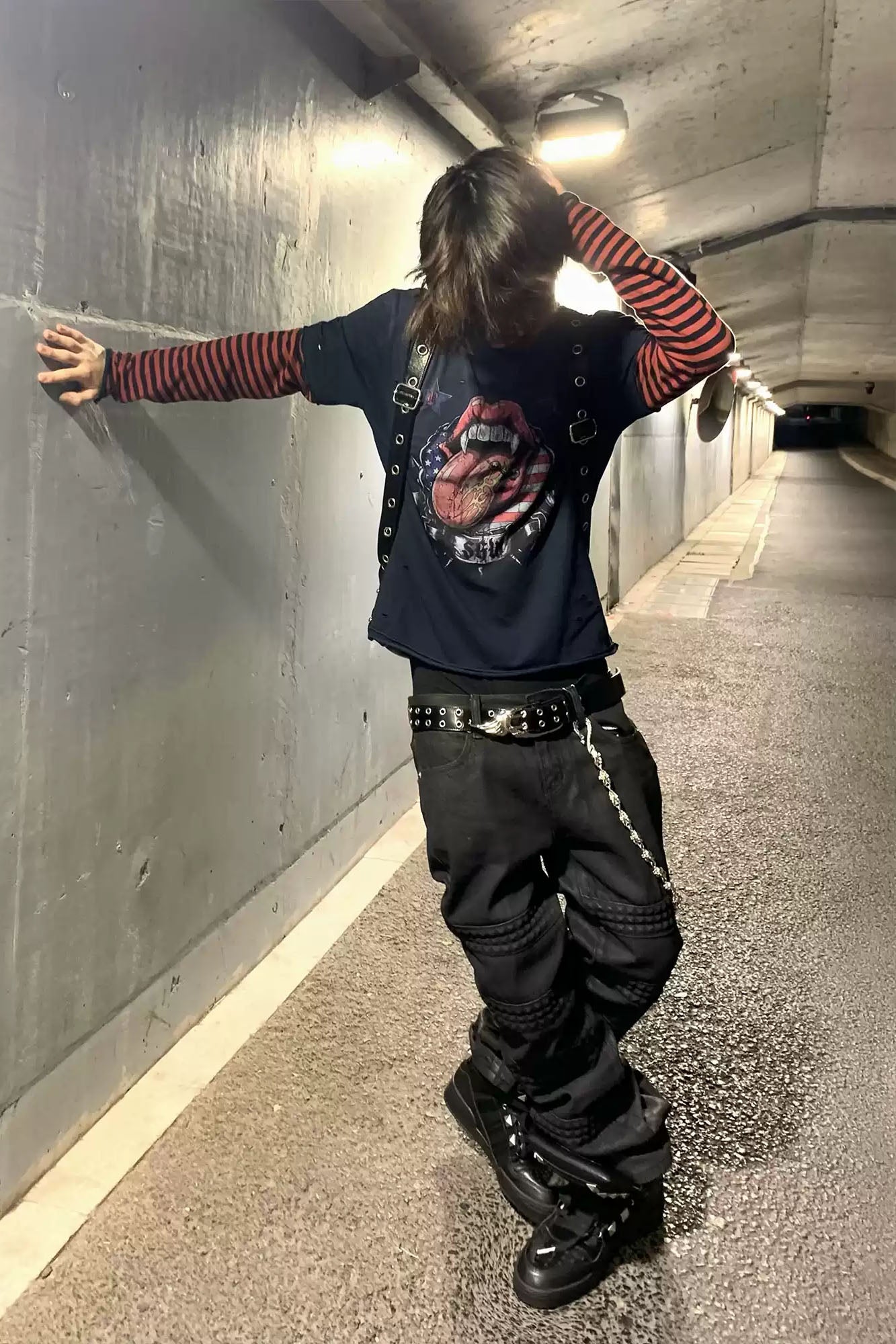 SAXGENWON Distressed Striped Fake Two-Piece Long-Sleeve Tee