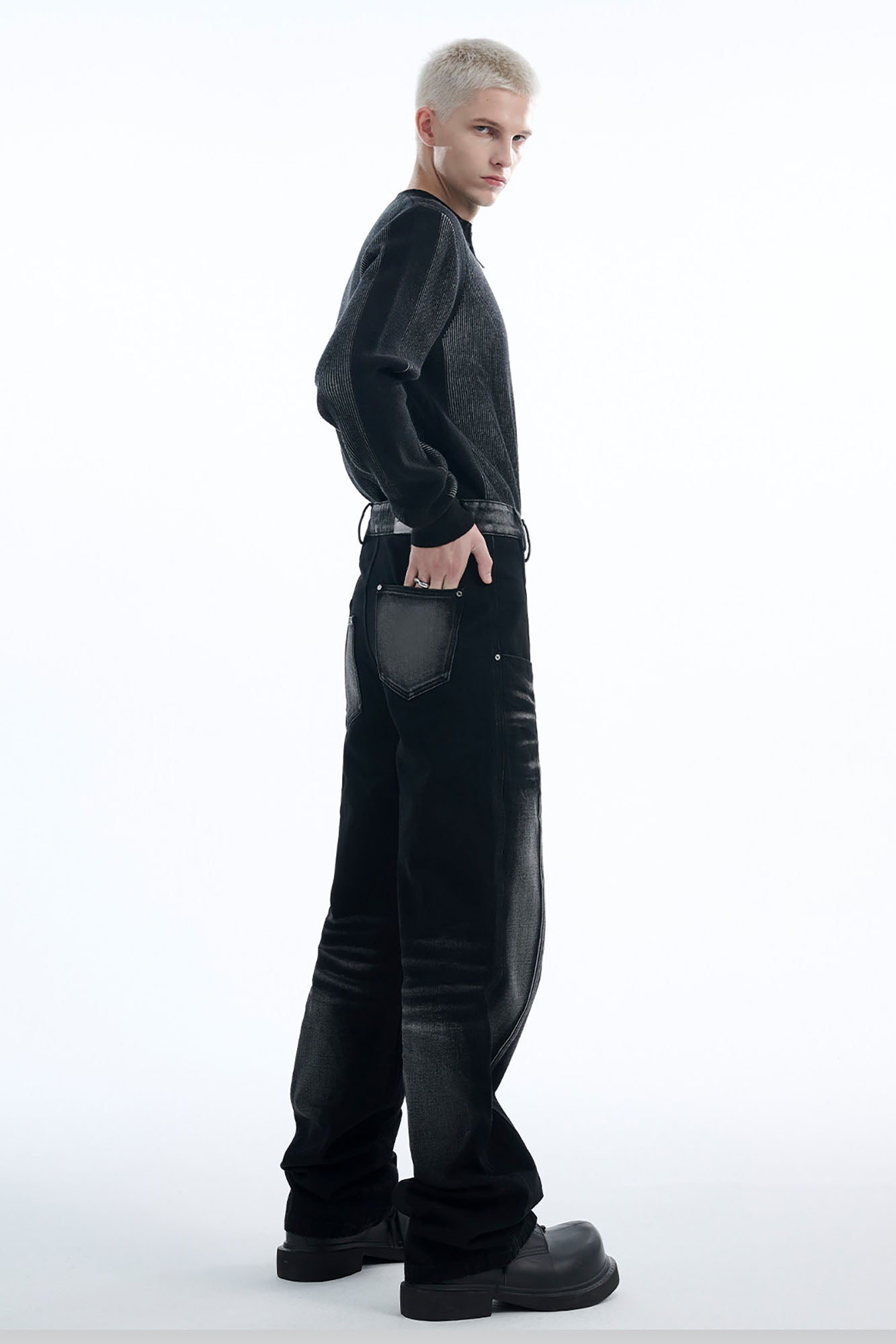 TIWILLTANG Whiskering Washed Panel Straight-Leg Jeans, premium urban and streetwear designers apparel on PROJECTISR.com, TIWILLTANG