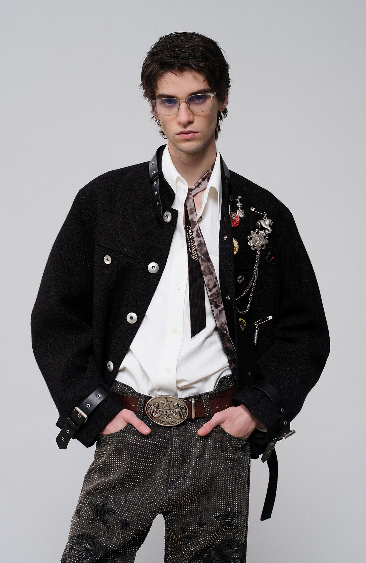 FACEONLAB Leather-Collar Medal Embellished Jacket