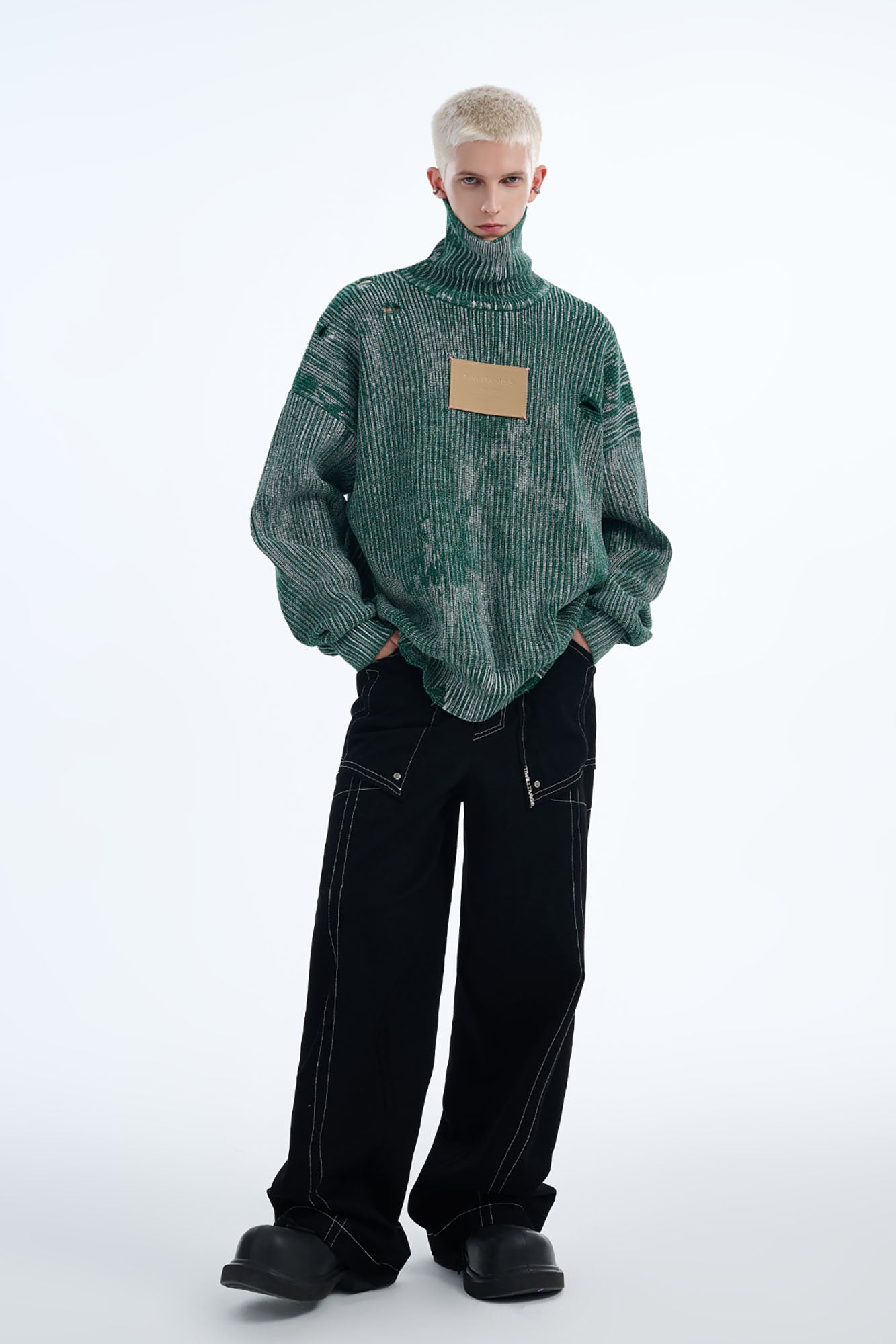 TIWILLTANG Distressed Foil High-Neck Sweater