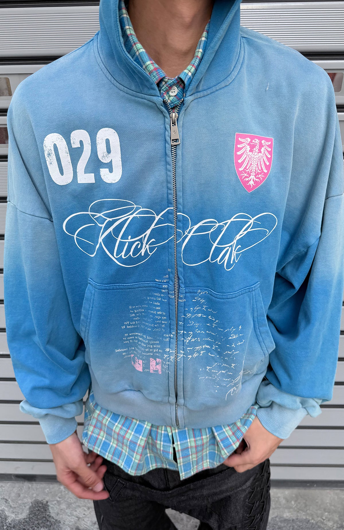 KLICK CLAK Washed Plaid-Spliced Zip-Up Hoodie