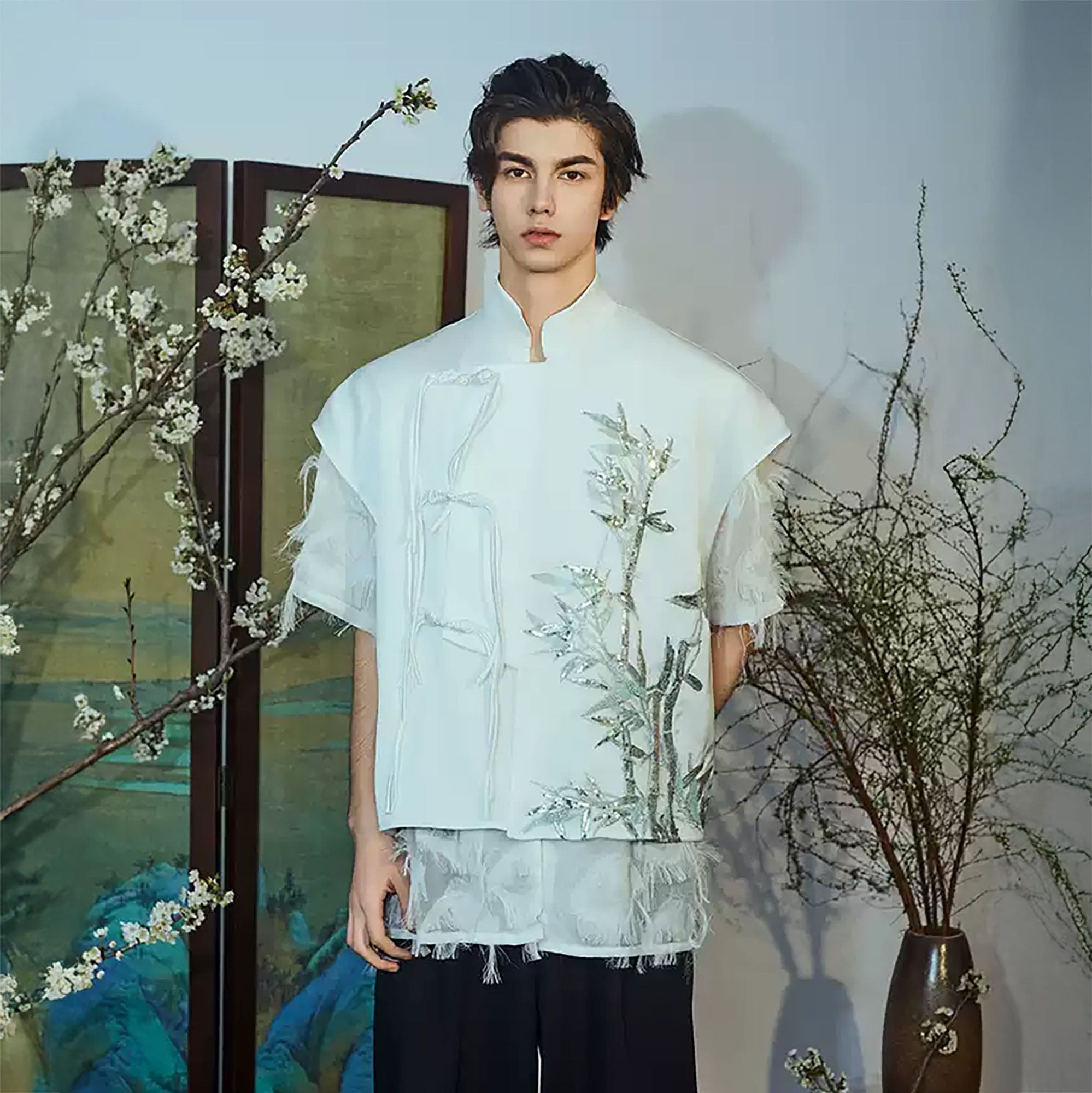 JIECHI Embroidered Bamboo Layered Mandarin Collar Half Shirt, M JIECHI Embroidered Bamboo Layered Mandarin Collar Half Shirt, M