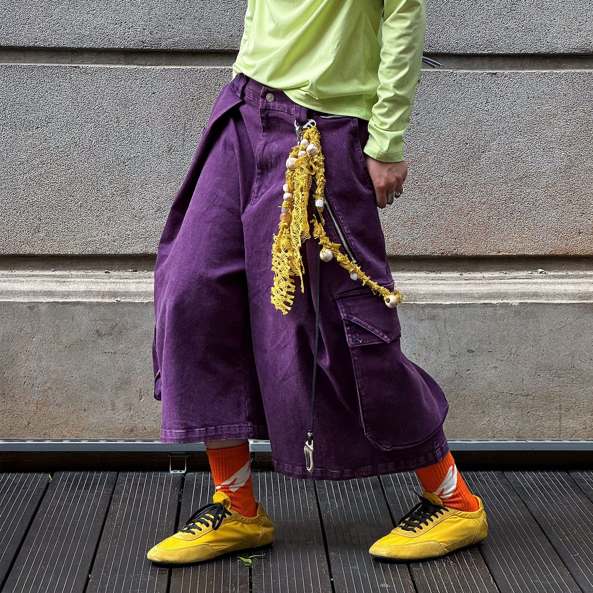 RELABEL Detachable Scarf Washed Multi-Pocket Wide-Leg Shorts Purple, premium urban and streetwear designers apparel on PROJECTISR.com, RELABEL