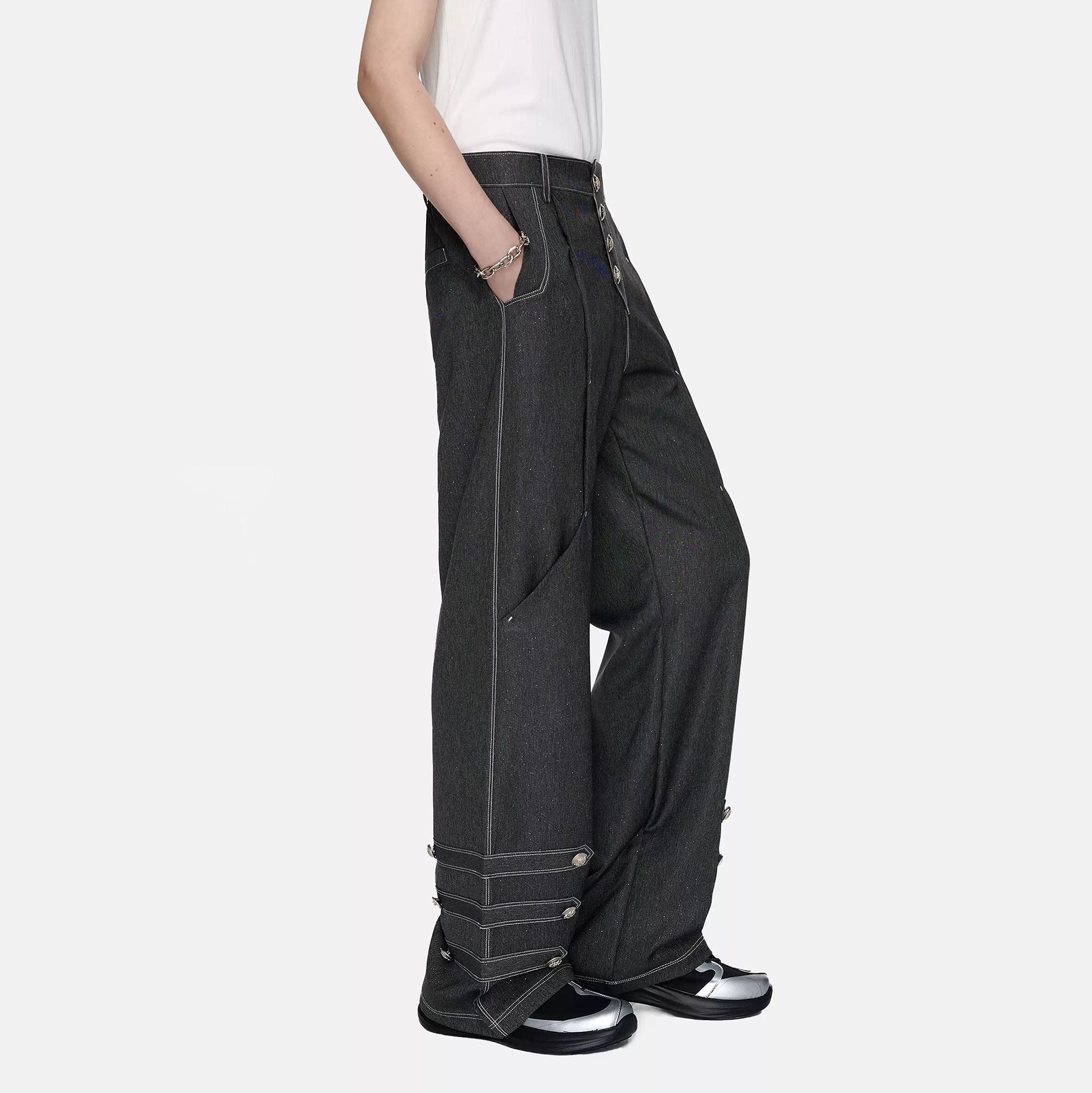 TIWILLTANG Asymmetrical Placket Stitched Wide-Leg Jeans, premium urban and streetwear designers apparel on PROJECTISR.com, TIWILLTANG