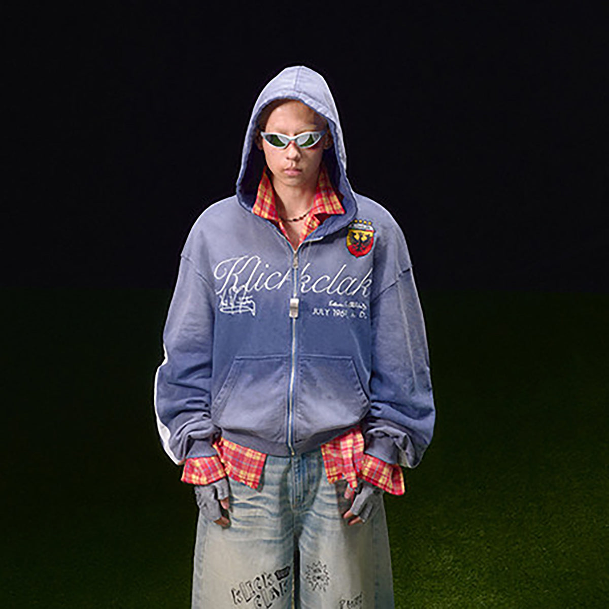 KLICK CLAK Washed Embroidered Zip-Up Hoodie