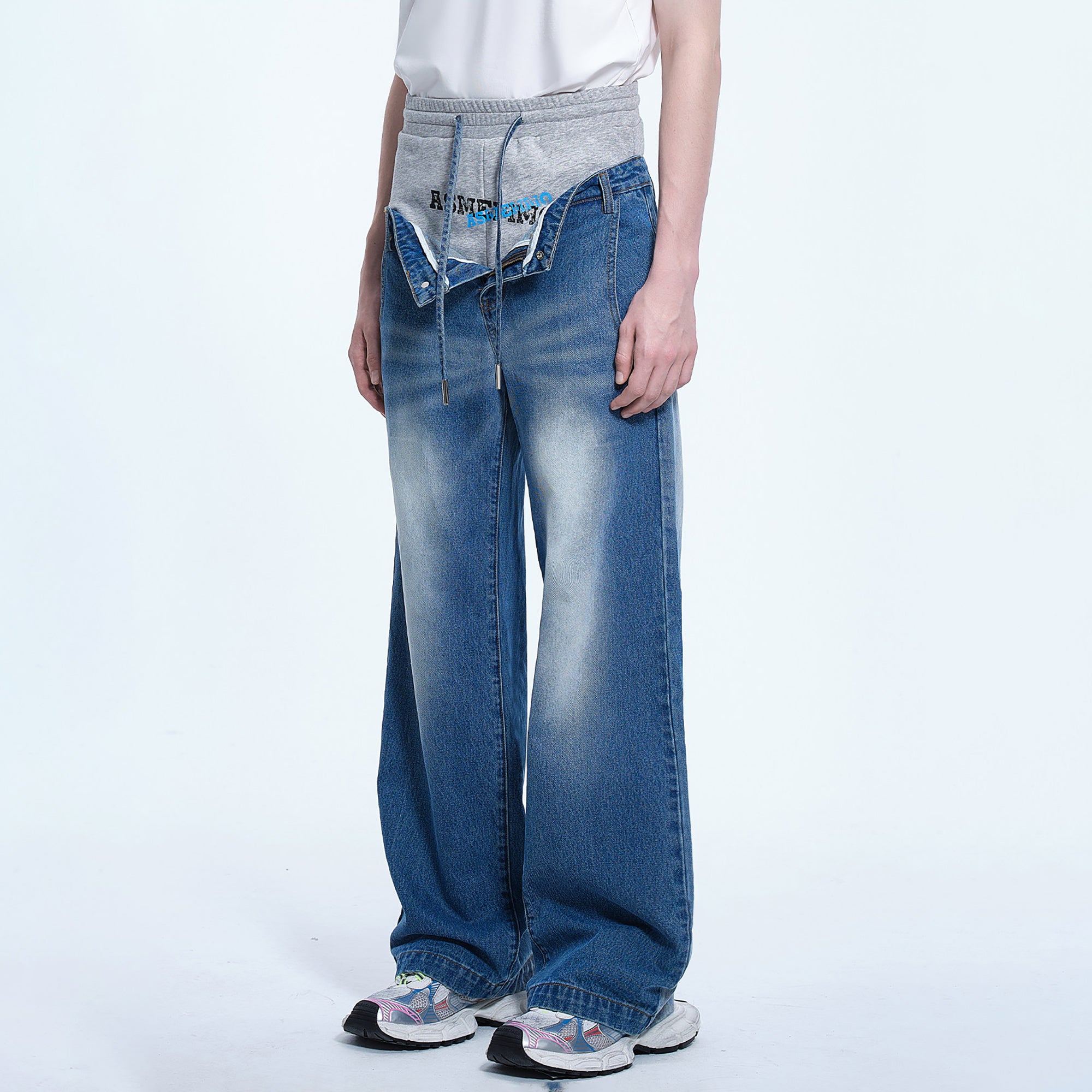 TIWILLTANG Layered Sweatband Washed Denim Pants