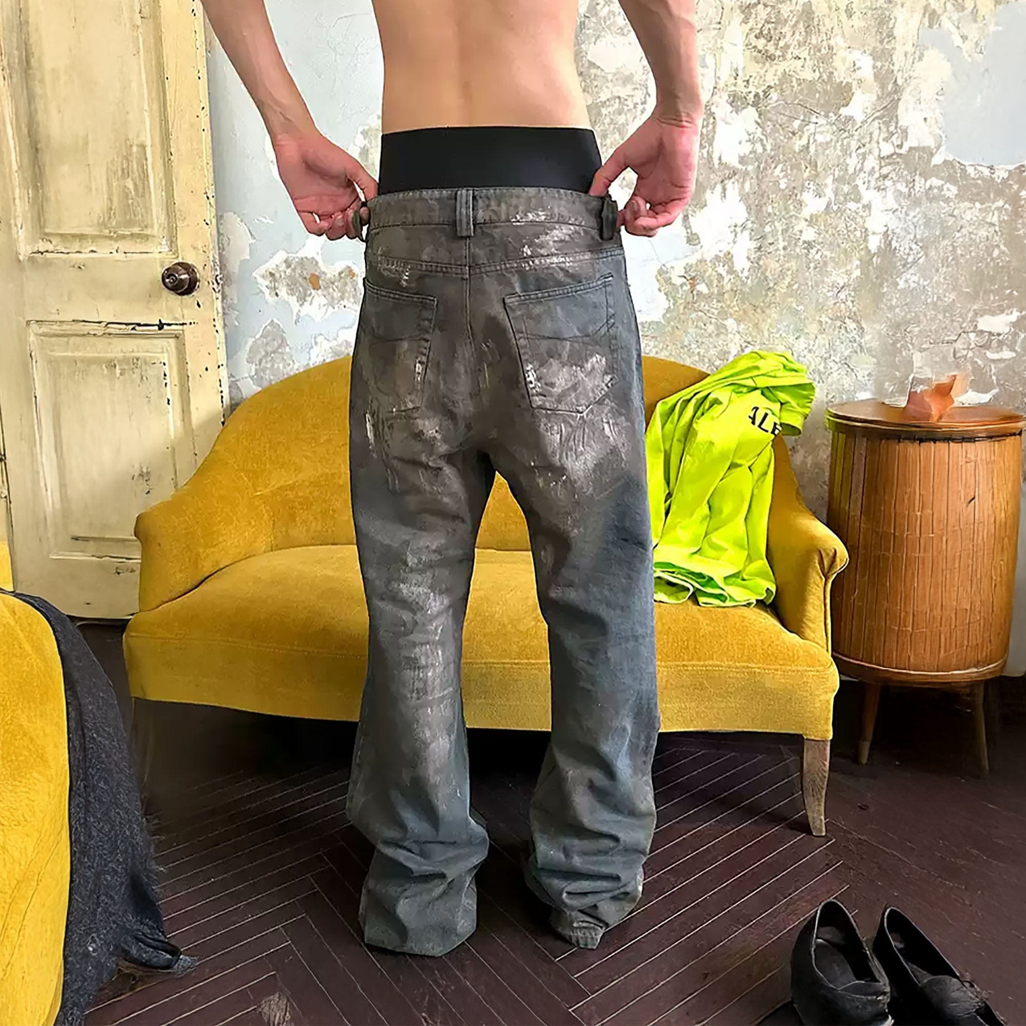 TRIANGLE PROJECT Dirty-Washed Paint-Splattered Straight-Leg Denim Pants, premium urban and streetwear designers apparel on PROJECTISR.com, TRIANGLE PROJECT