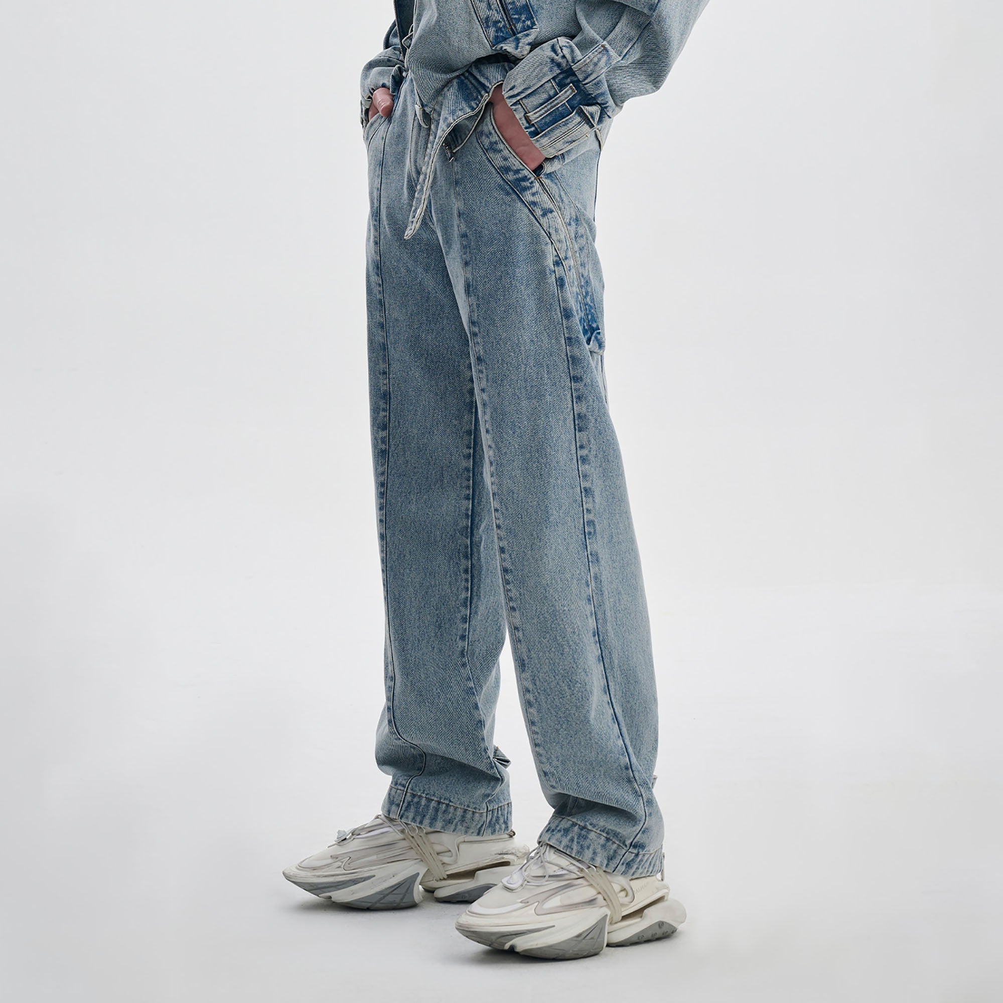TIWILLTANG Washed Middle Panel Straight-Leg Jeans