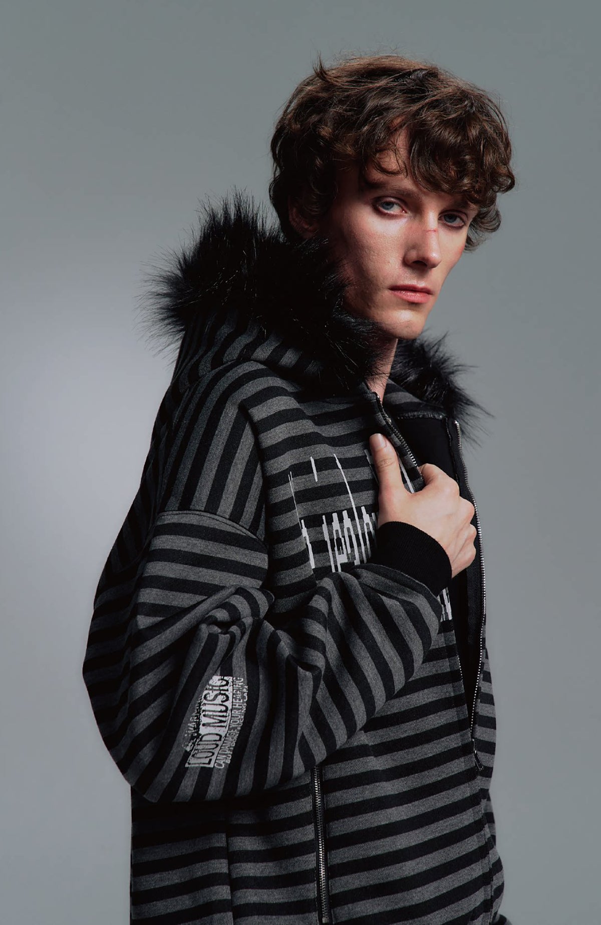 PAIKI Striped Ribbed Hooded Cardigan Sweater