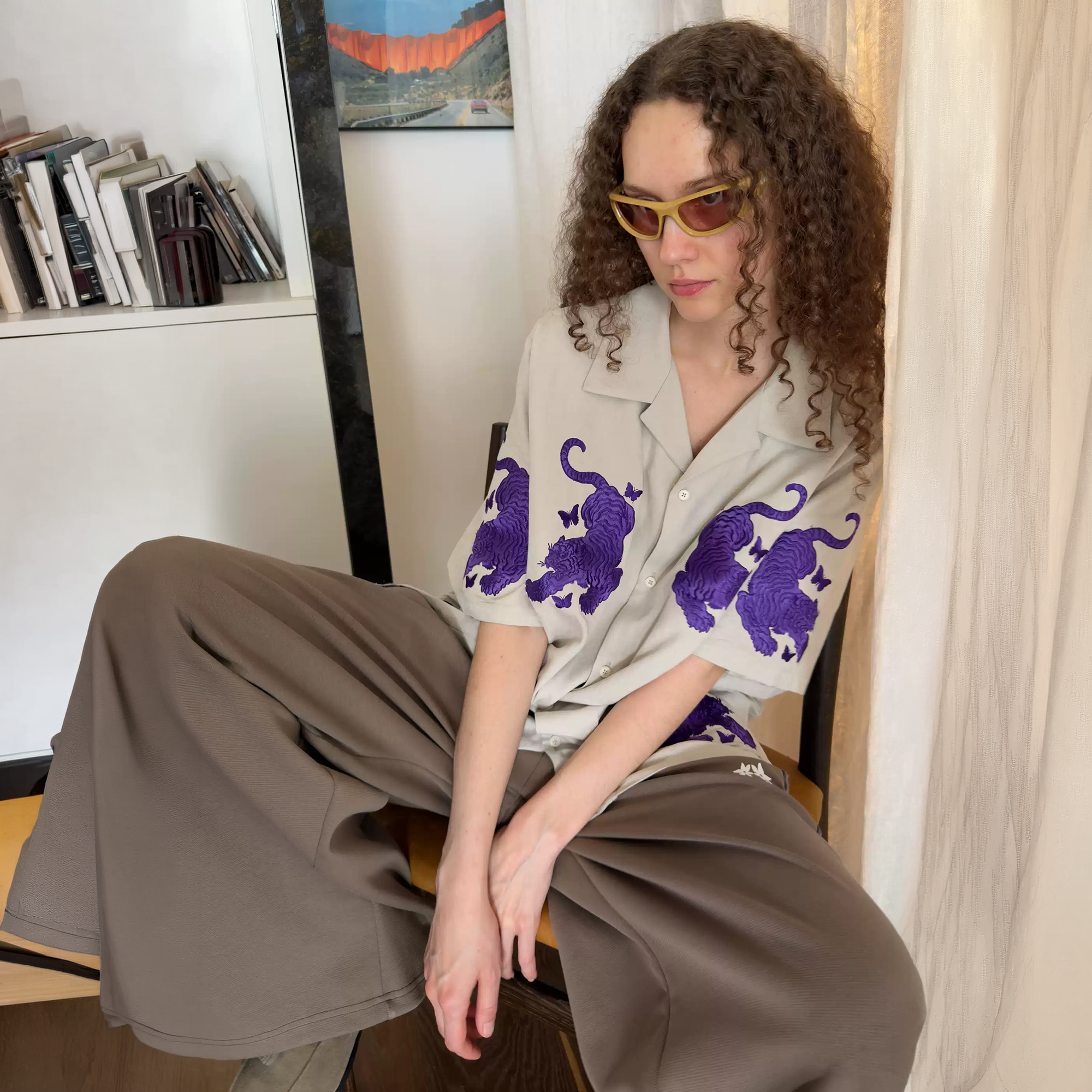 MIICHOUS Tiger Butterfly Embroidered Satin Half Shirt, premium urban and streetwear designers apparel on PROJECTISR.com, MIICHOUS