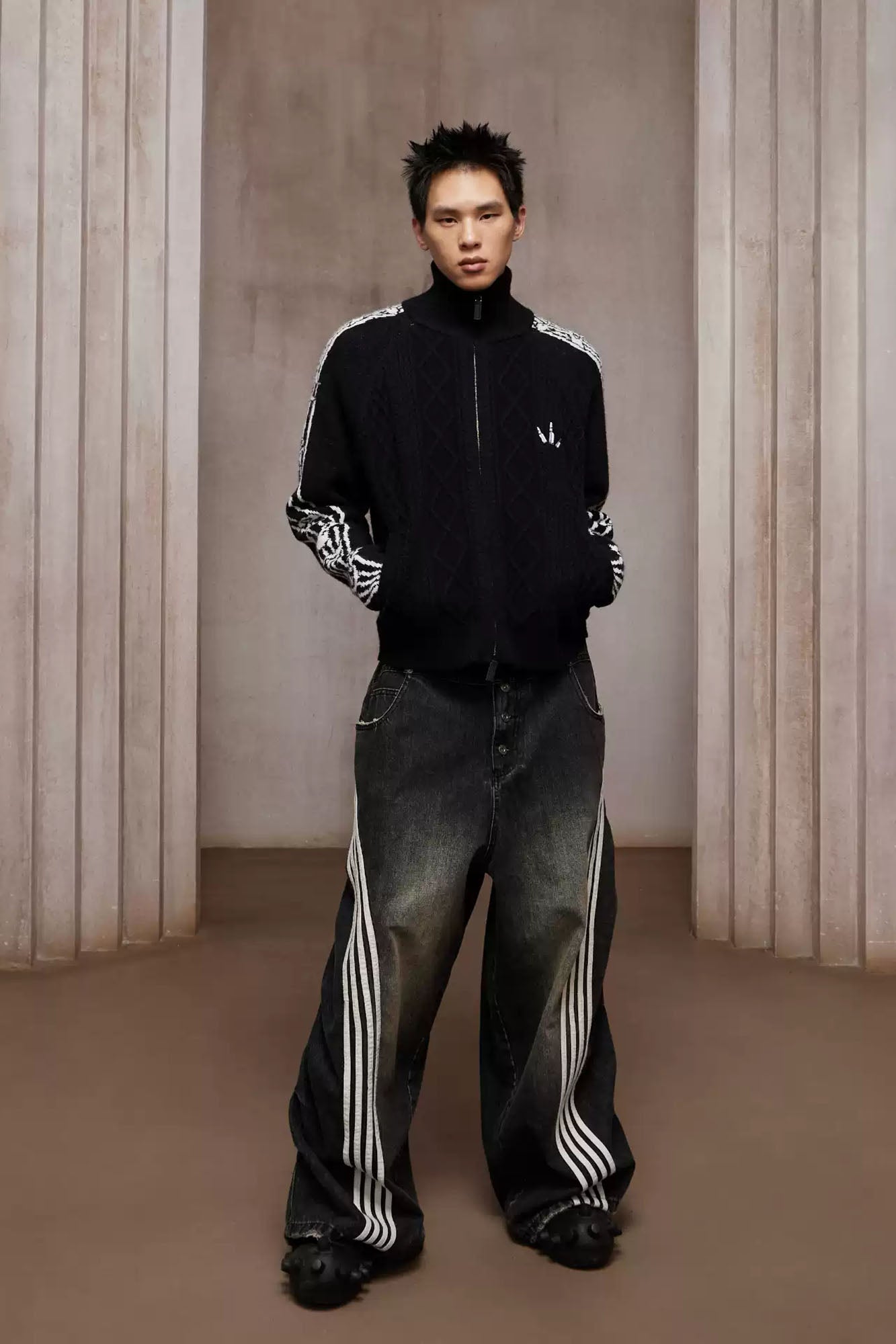 DND4DES Cable-Knit Music Stripes Zip Cardigan