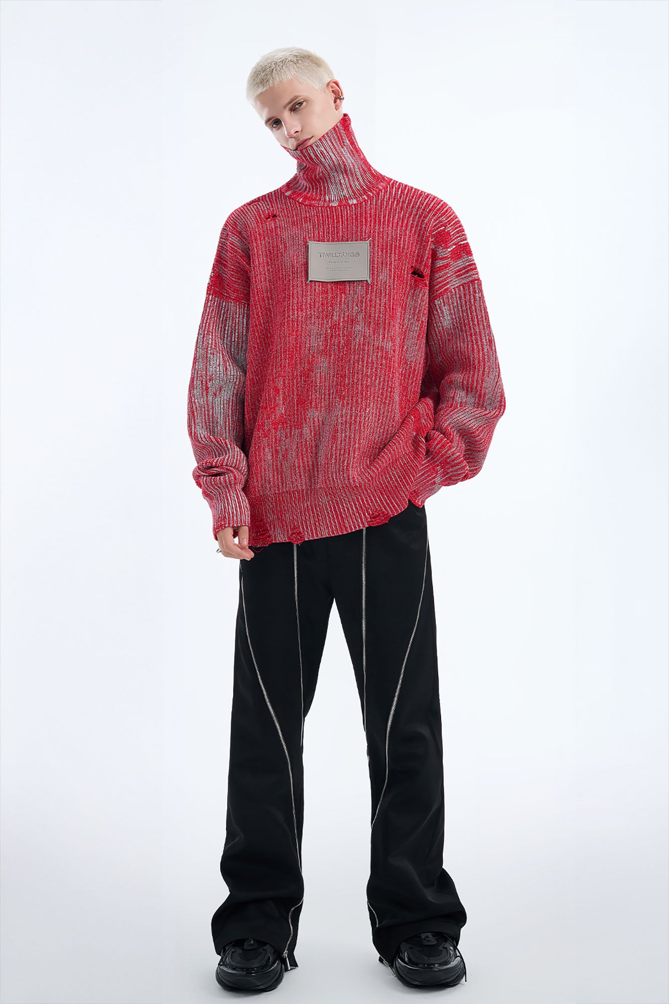 TIWILLTANG Distressed Foil High-Neck Sweater