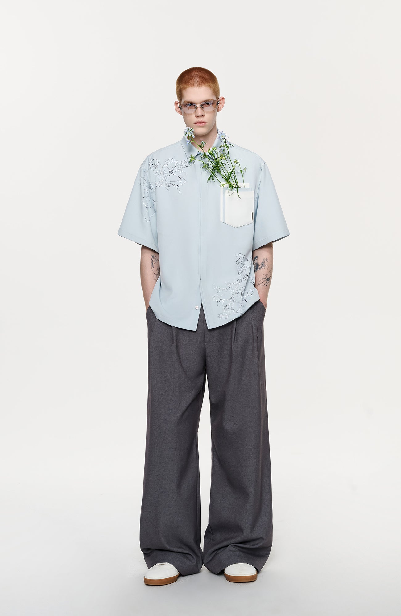 TIWILLTANG Floral Diamond Layered Pocket Half Shirt
