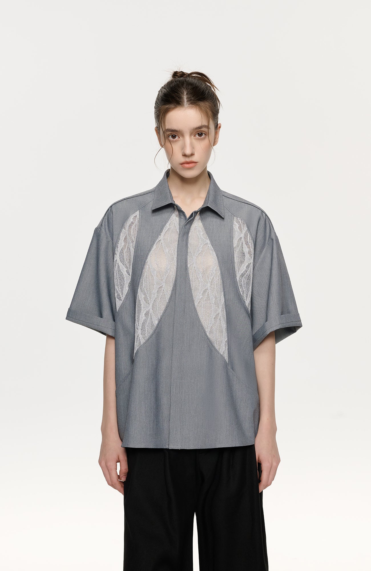 TIWILLTANG Leaf Lace Paneled Half Shirt
